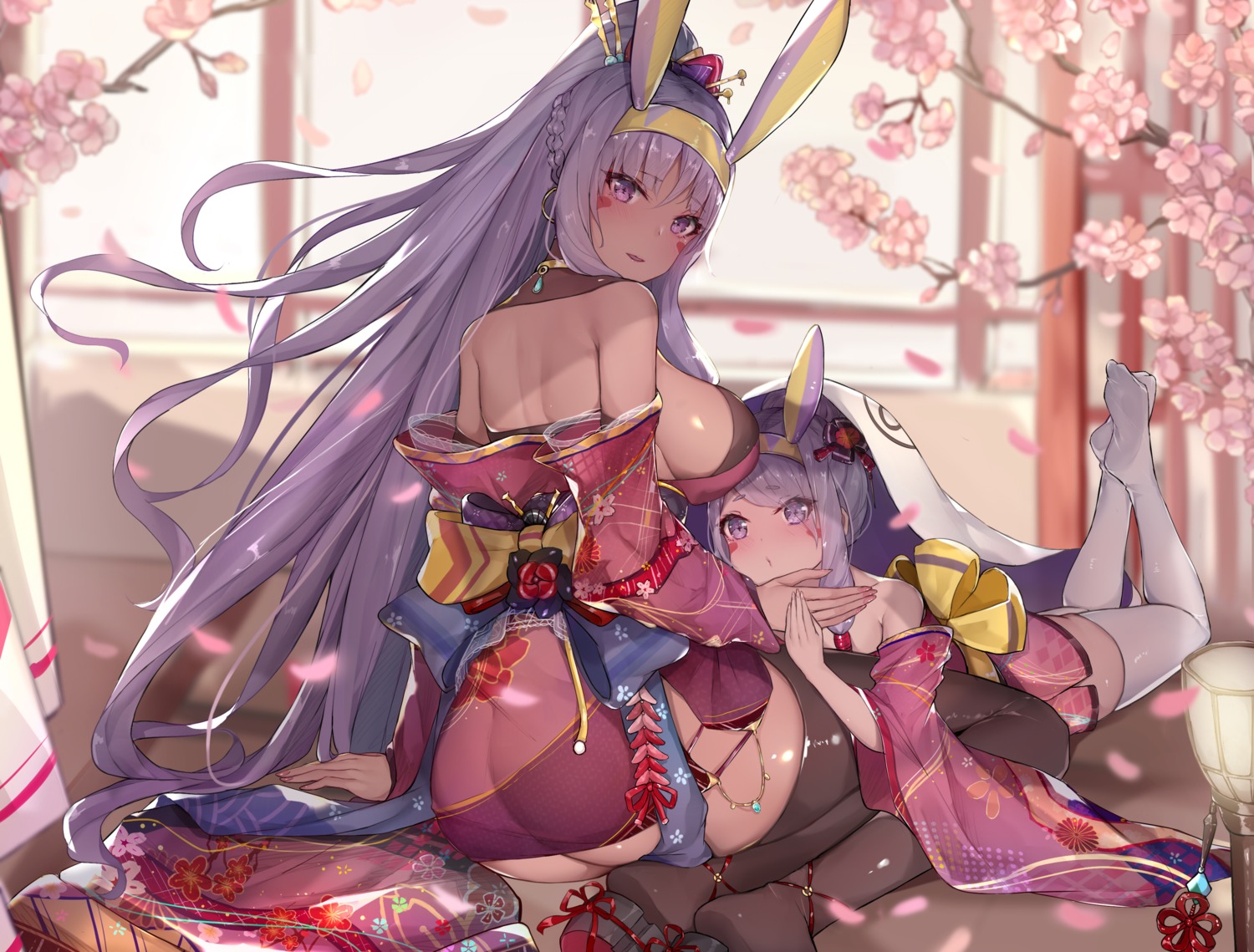 animal_ears artist_revision ass bunny_ears fate/grand_order japanese_clothes nitocris_(fate/grand_order) no_bra nopan open_shirt sherryqq thighhighs