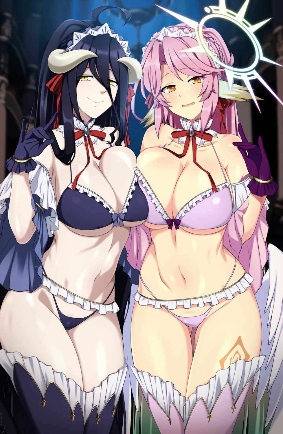 albedo_(overlord) angel bra crossover horns jibril_(no_game_no_life) lindaroze maid no_game_no_life overlord pantsu tattoo thighhighs wings