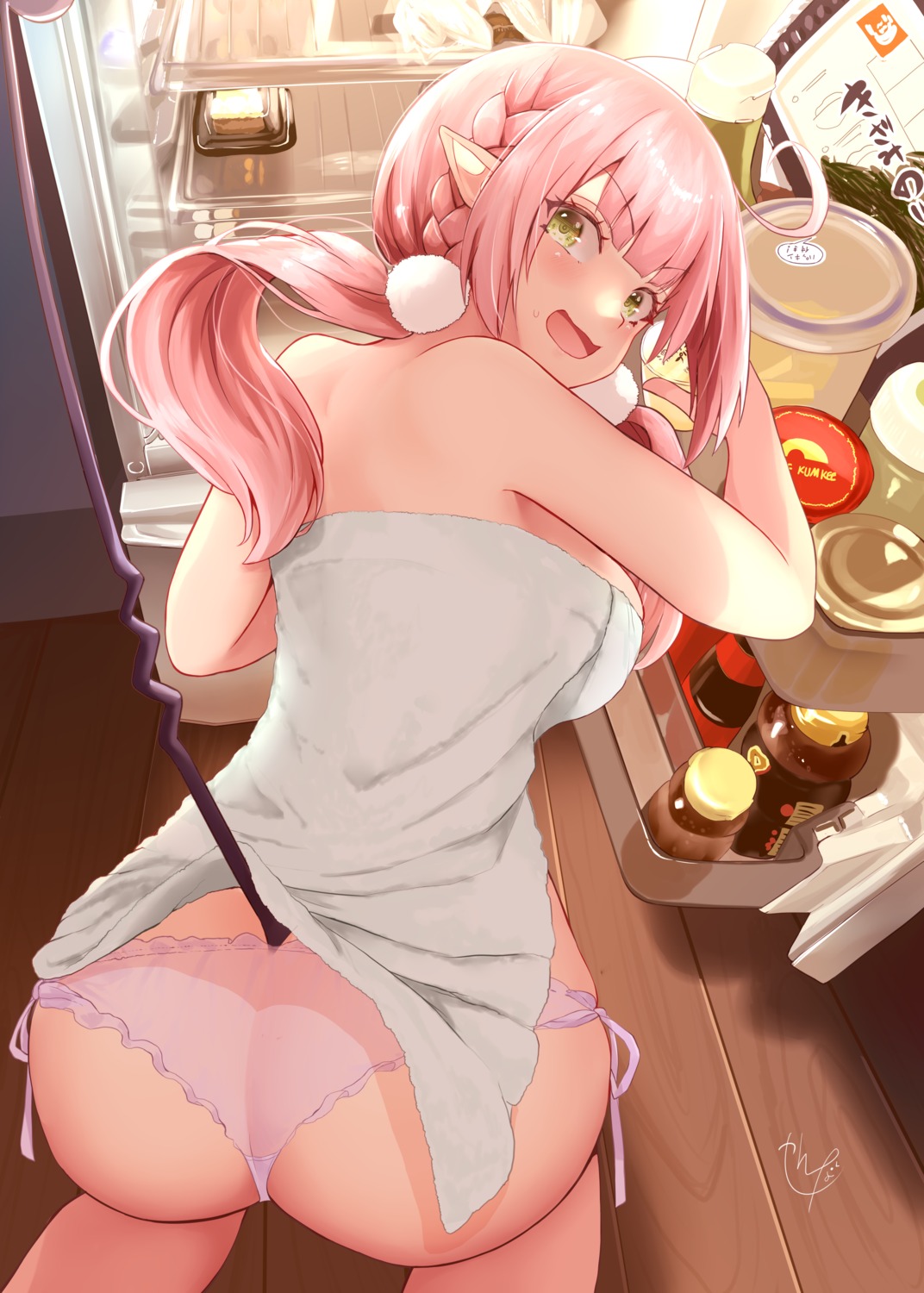 ass narushima_kanna pantsu pointy_ears string_panties tail thong towel