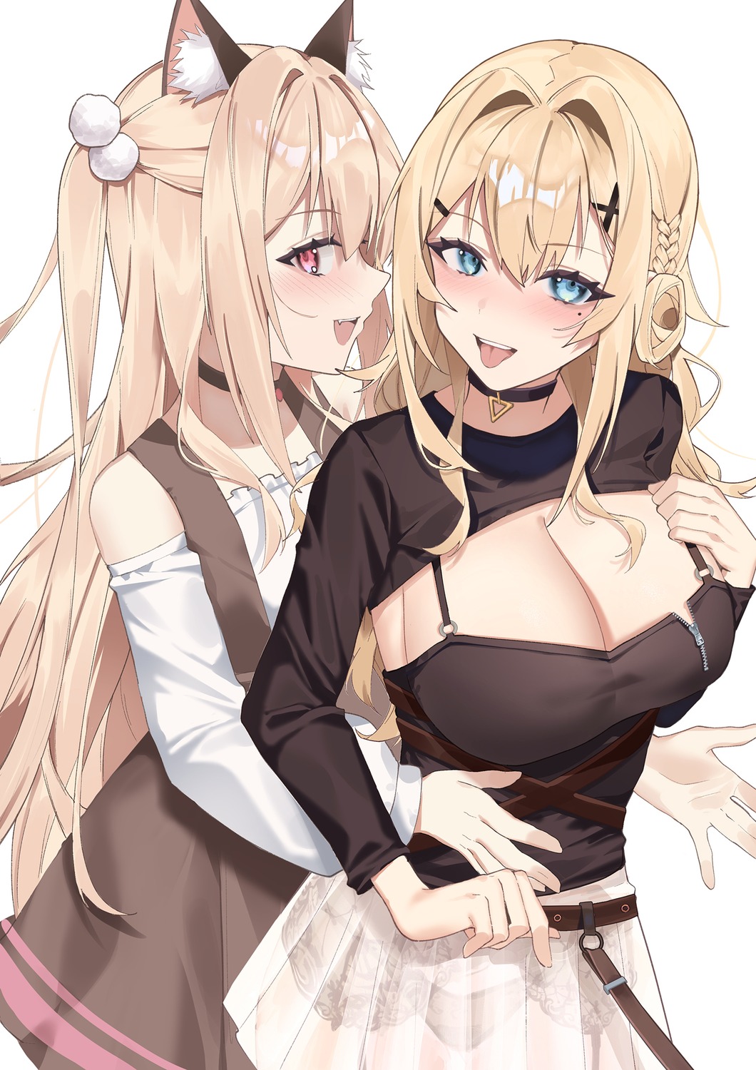 animal_ears fang_qiao garter_belt nekomimi no_bra on'na_eshi pantsu see_through yuri