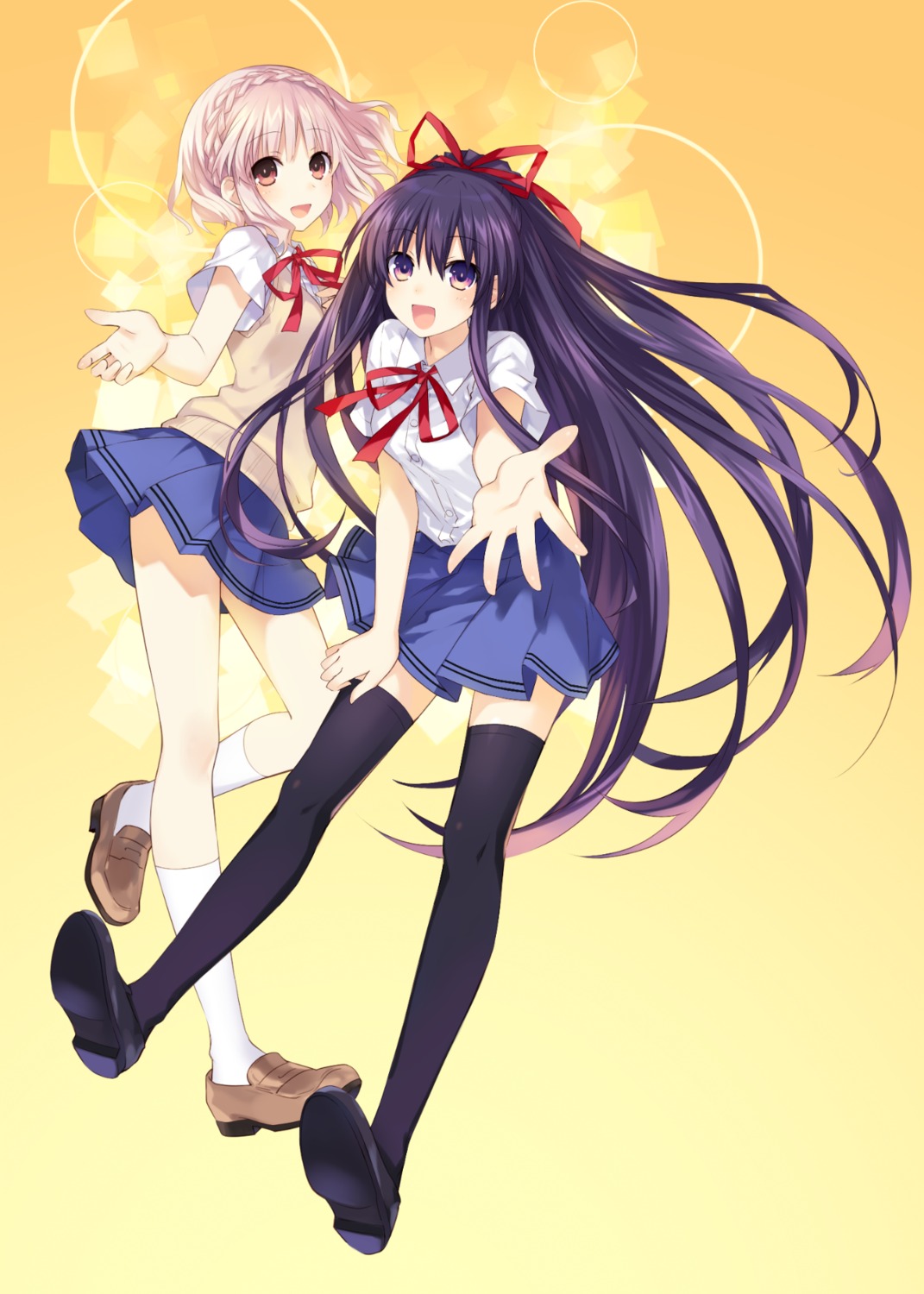 date_a_live seifuku sonogami_rinne thighhighs tsunako yatogami_tooka