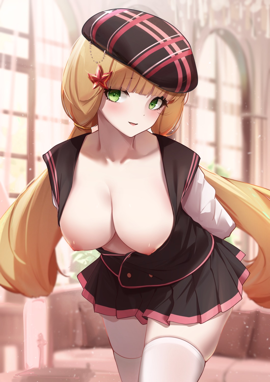 breasts faicha nipples no_bra open_shirt thighhighs