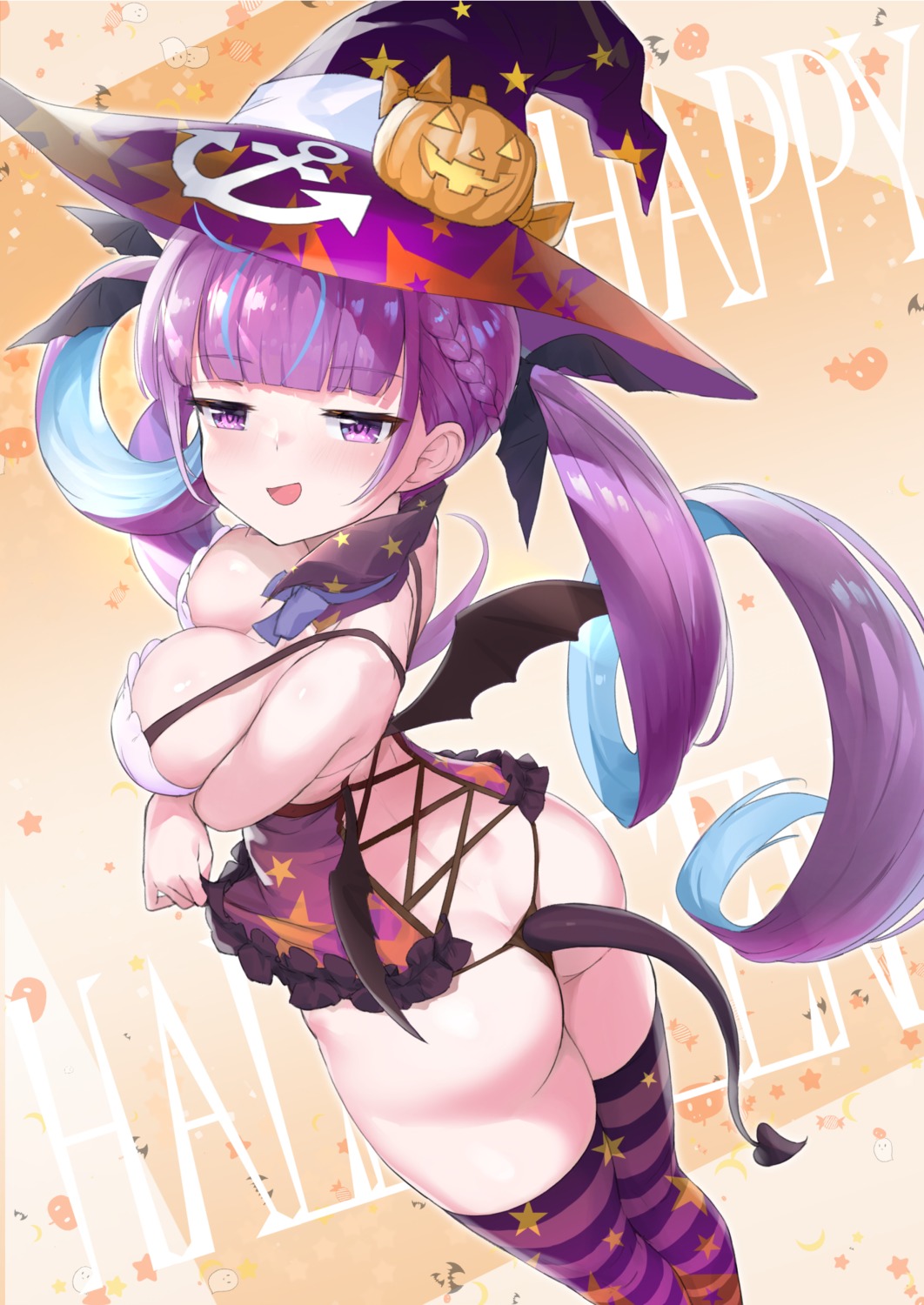 ass breast_hold cleavage crystal_shoujo halloween hololive minato_aqua no_bra pantsu tail thighhighs thong wings