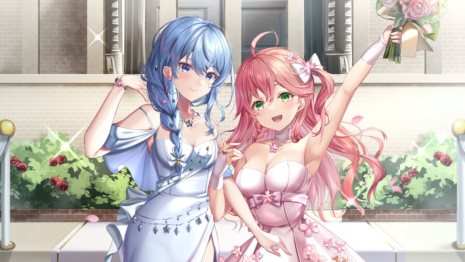 dress gakuon_(gakuto) hololive hoshimachi_suisei no_bra sakura_miko wallpaper yuri