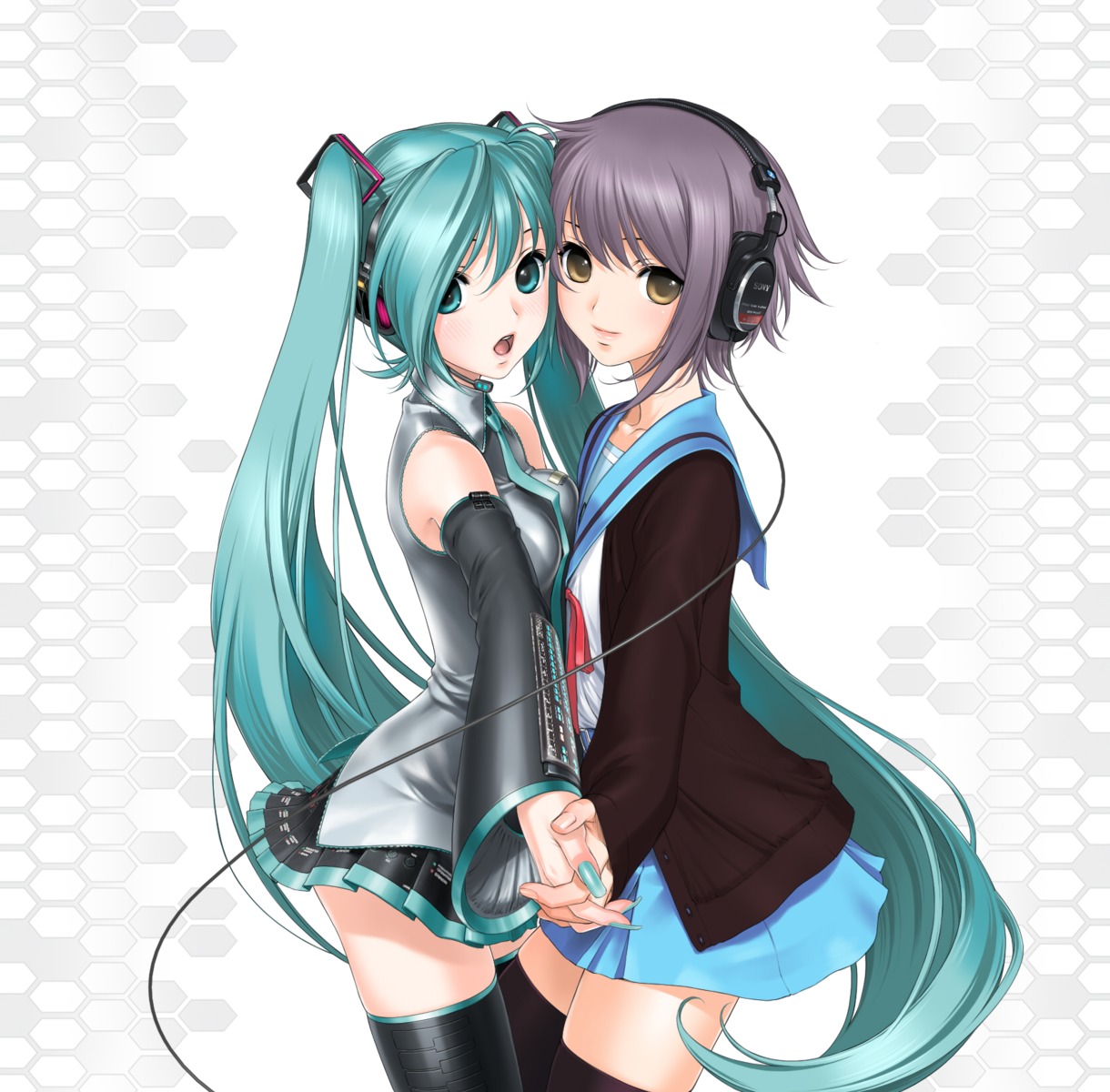 crossover hatsune_miku headphones nagato_yuki sano_toshihide seifuku suzumiya_haruhi_no_yuuutsu symmetrical_docking thighhighs vocaloid