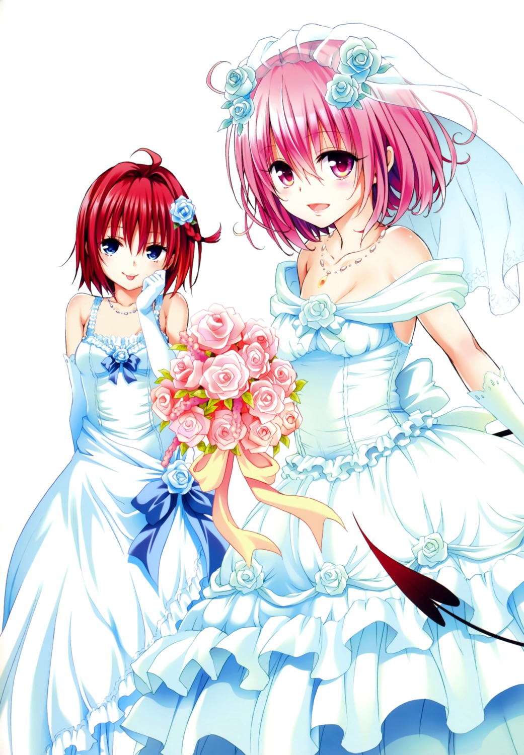 color_issue dress kurosaki_mea momo_velia_deviluke tail to_love_ru to_love_ru_darkness wedding_dress yabuki_kentarou