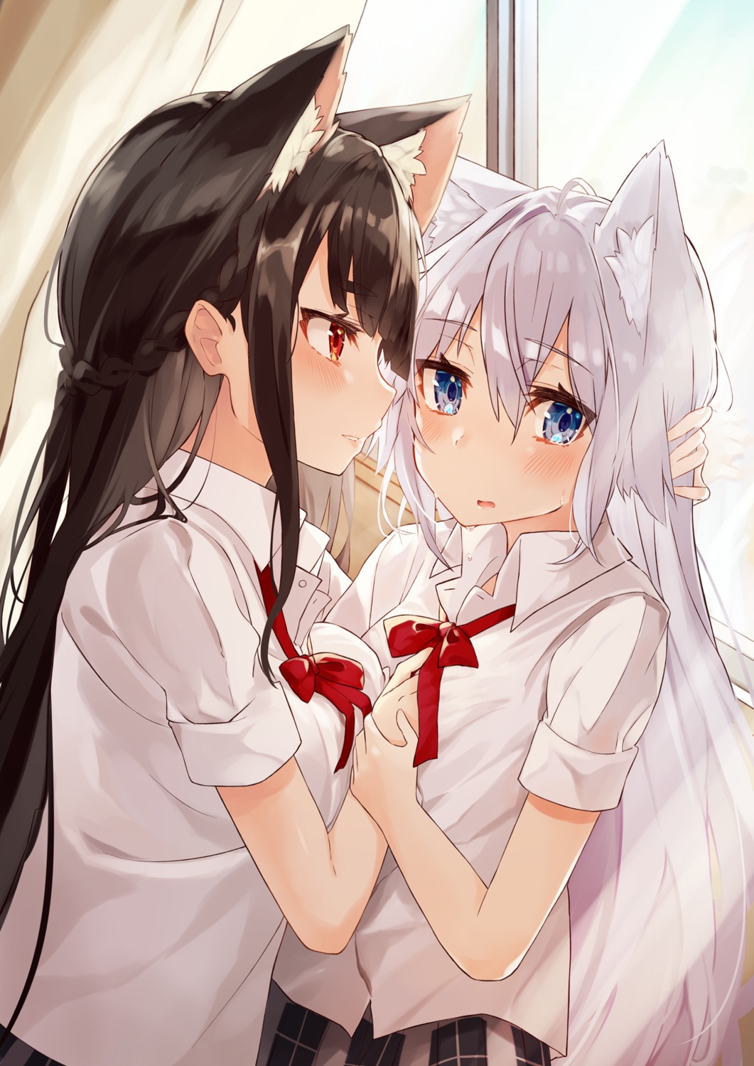 animal_ears breast_hold nekomimi nuko_miruku seifuku yuri