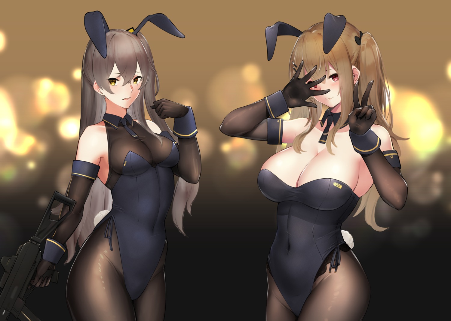 animal_ears bunny_ears bunny_girl cleavage girls_frontline gun hayabusa pantyhose tail ump45_(girls_frontline) ump9_(girls_frontline)