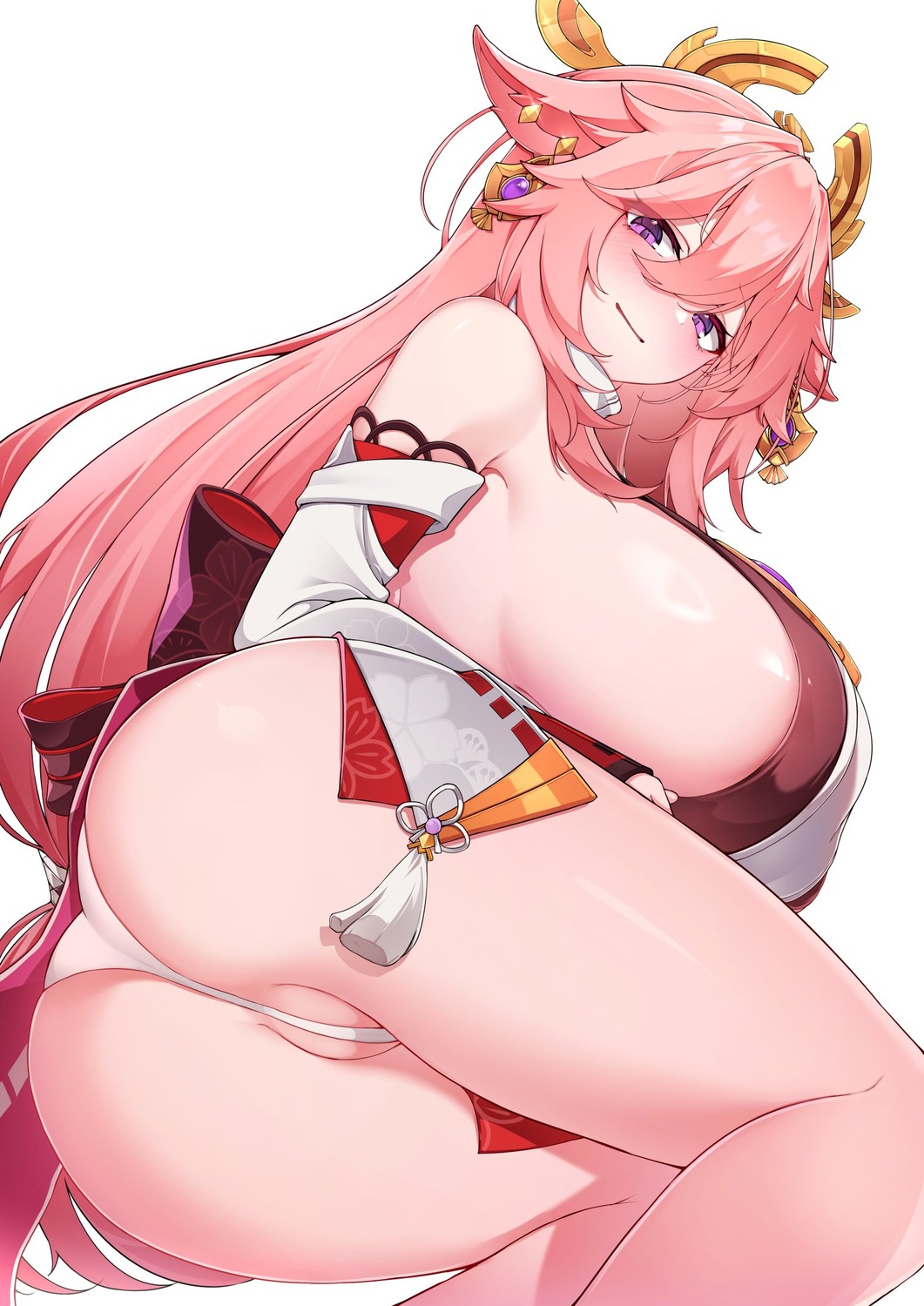 5danny1206 animal_ears ass genshin_impact japanese_clothes kitsune no_bra pantsu thong yae_miko