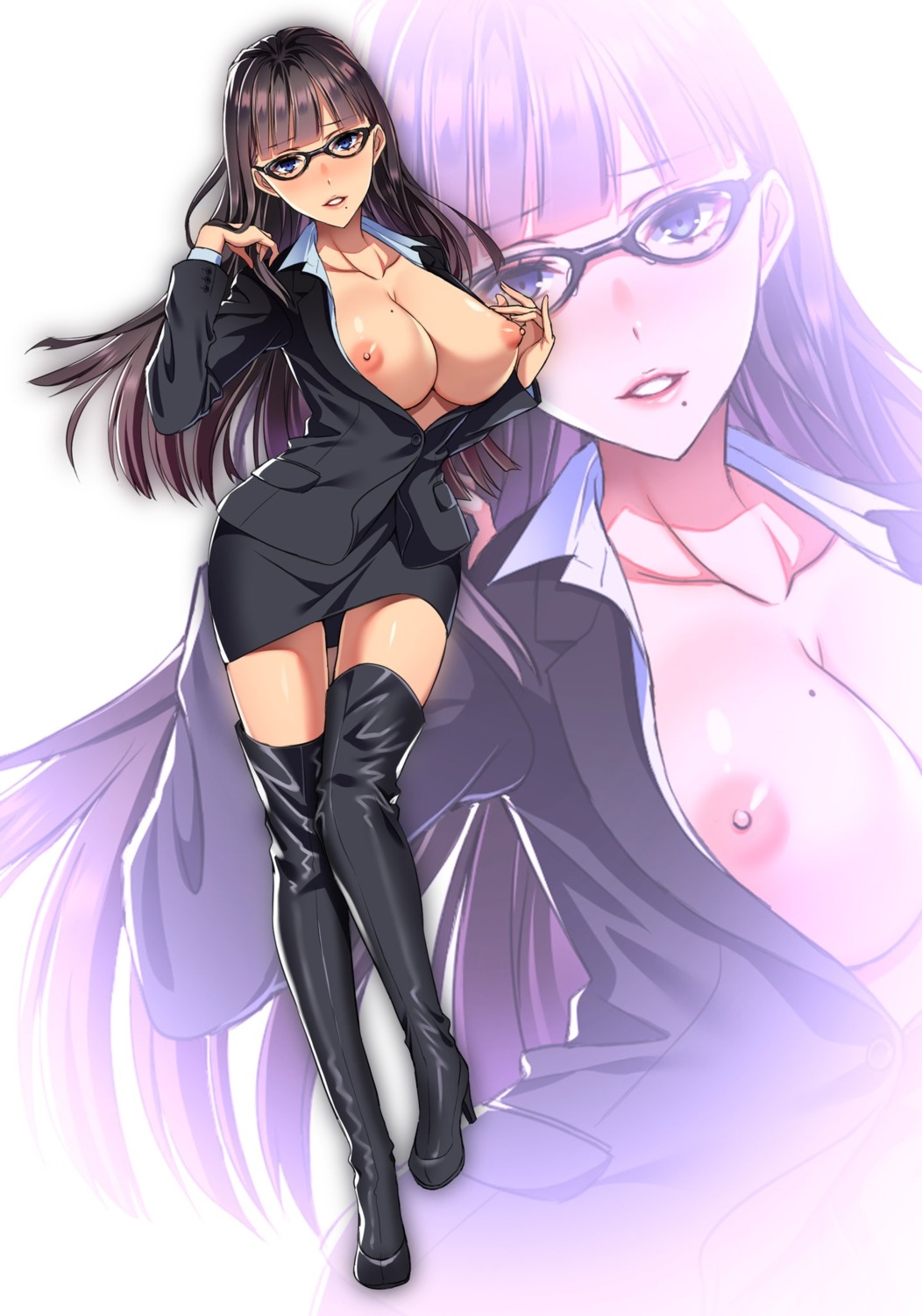 breasts business_suit heels megane nipples no_bra open_shirt tagme thighhighs undressing