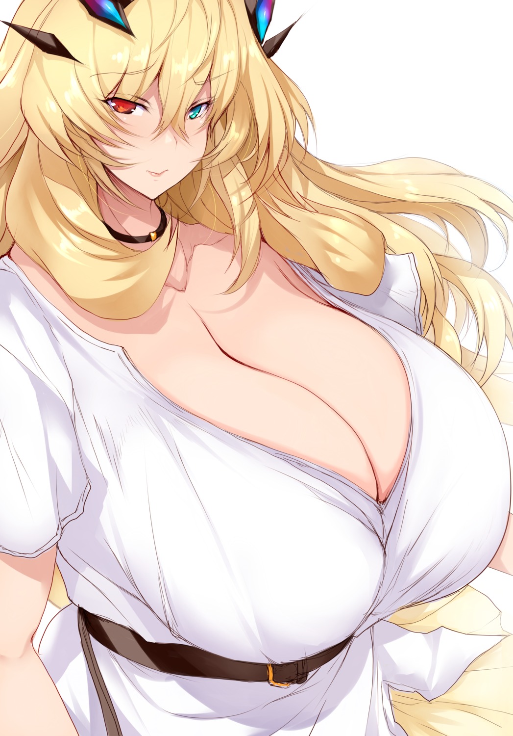 cleavage fairy_knight_gawain_(fate) fate/grand_order heterochromia horns open_shirt sketch tsukasawa_takamatsu