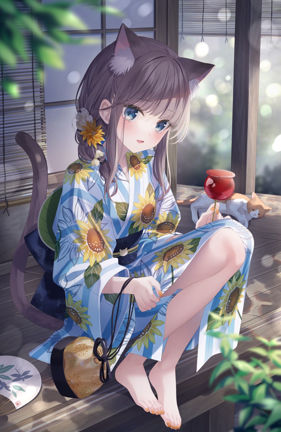 animal_ears feet jimmy nekomimi skirt_lift tail yukata