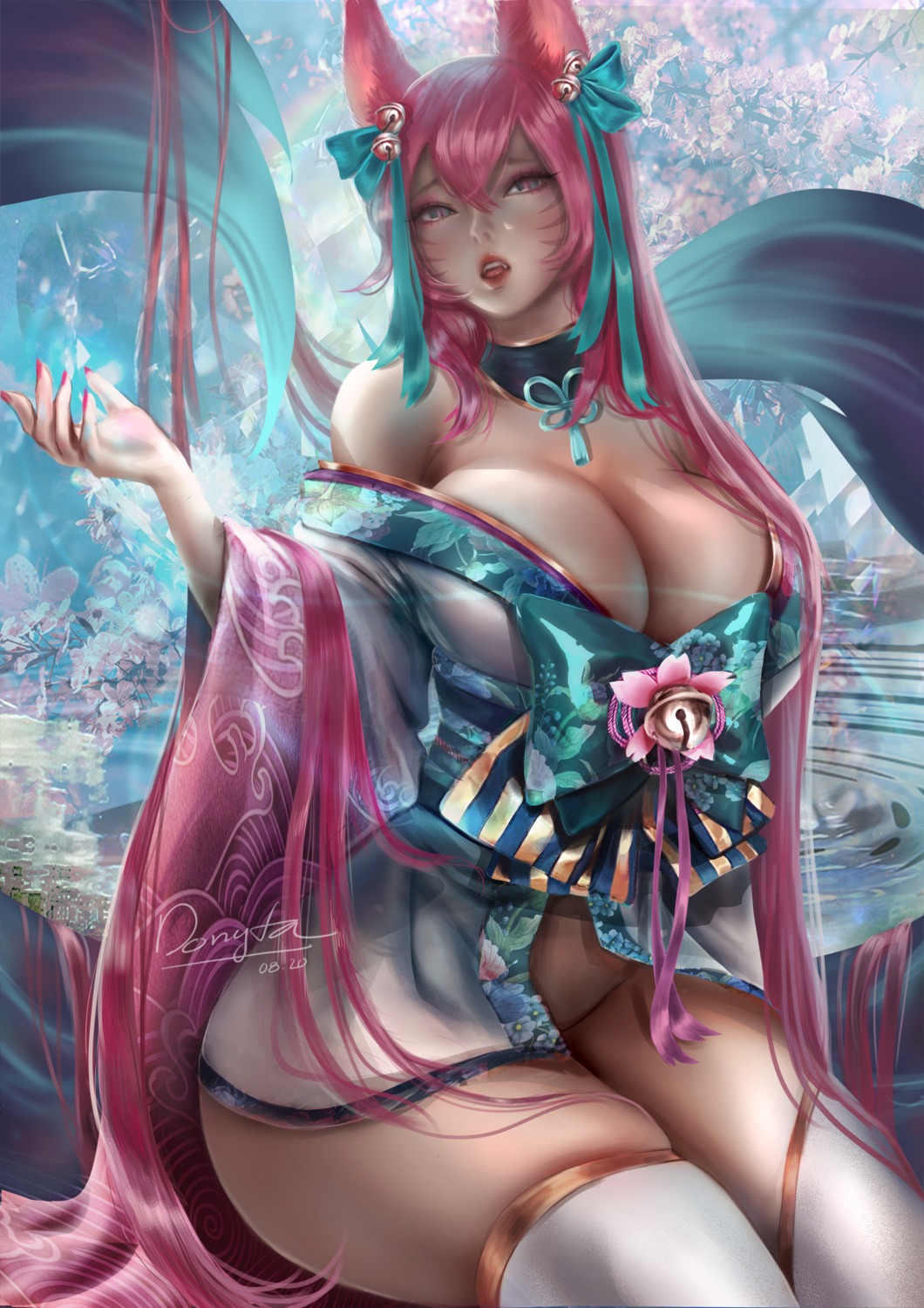 ahri animal_ears donyta japanese_clothes kitsune league_of_legends no_bra nopan open_shirt tail thighhighs