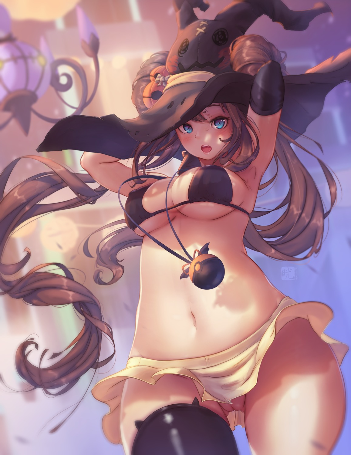 bra chandelure halloween mei_(pokemon) mitsu_(mitsu_art) nopan pokemon pokemon_b2w2 pussy skirt_lift thighhighs uncensored witch