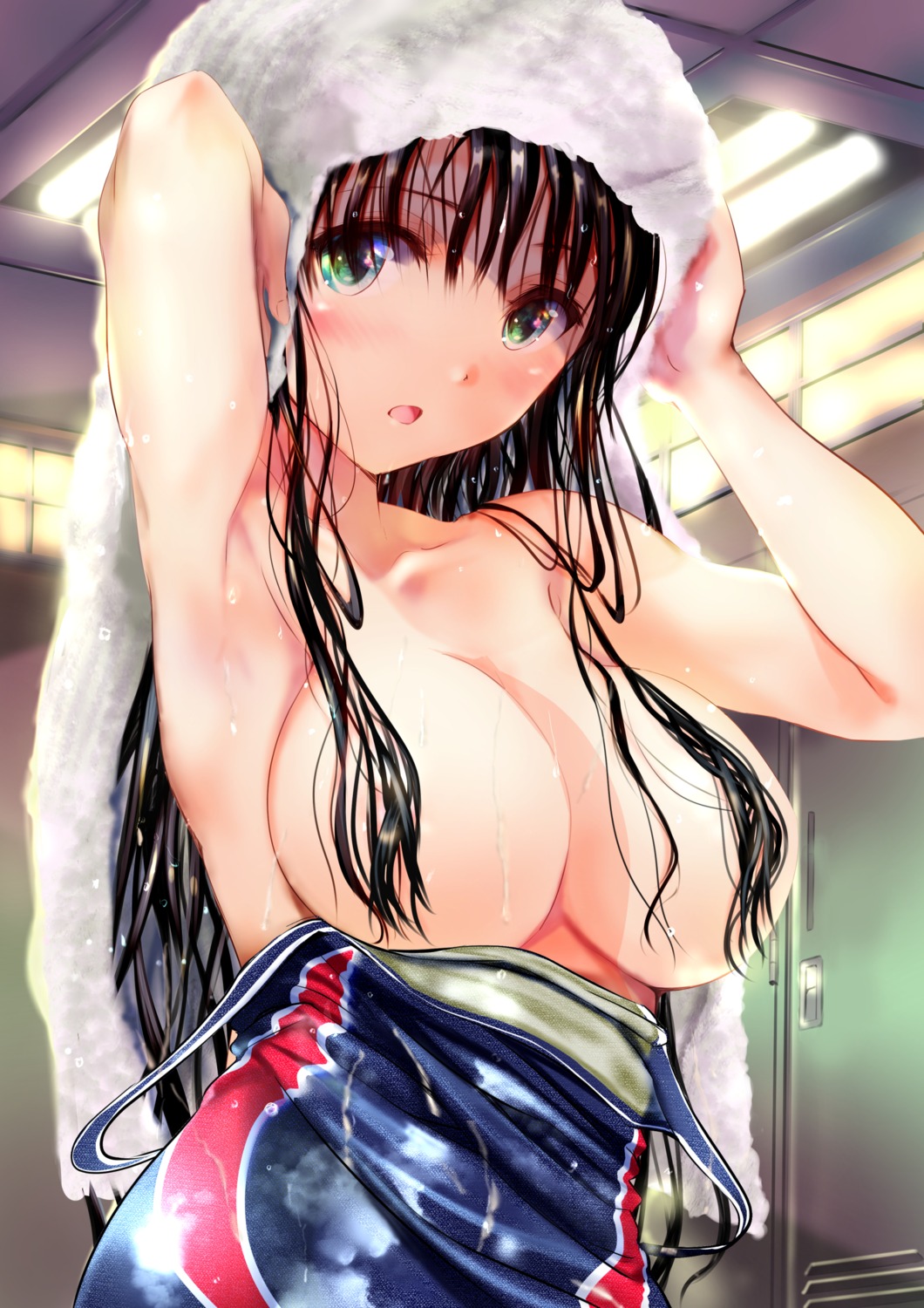 breasts cleavage ogata_tei school_swimsuit swimsuits towel wet wet_clothes