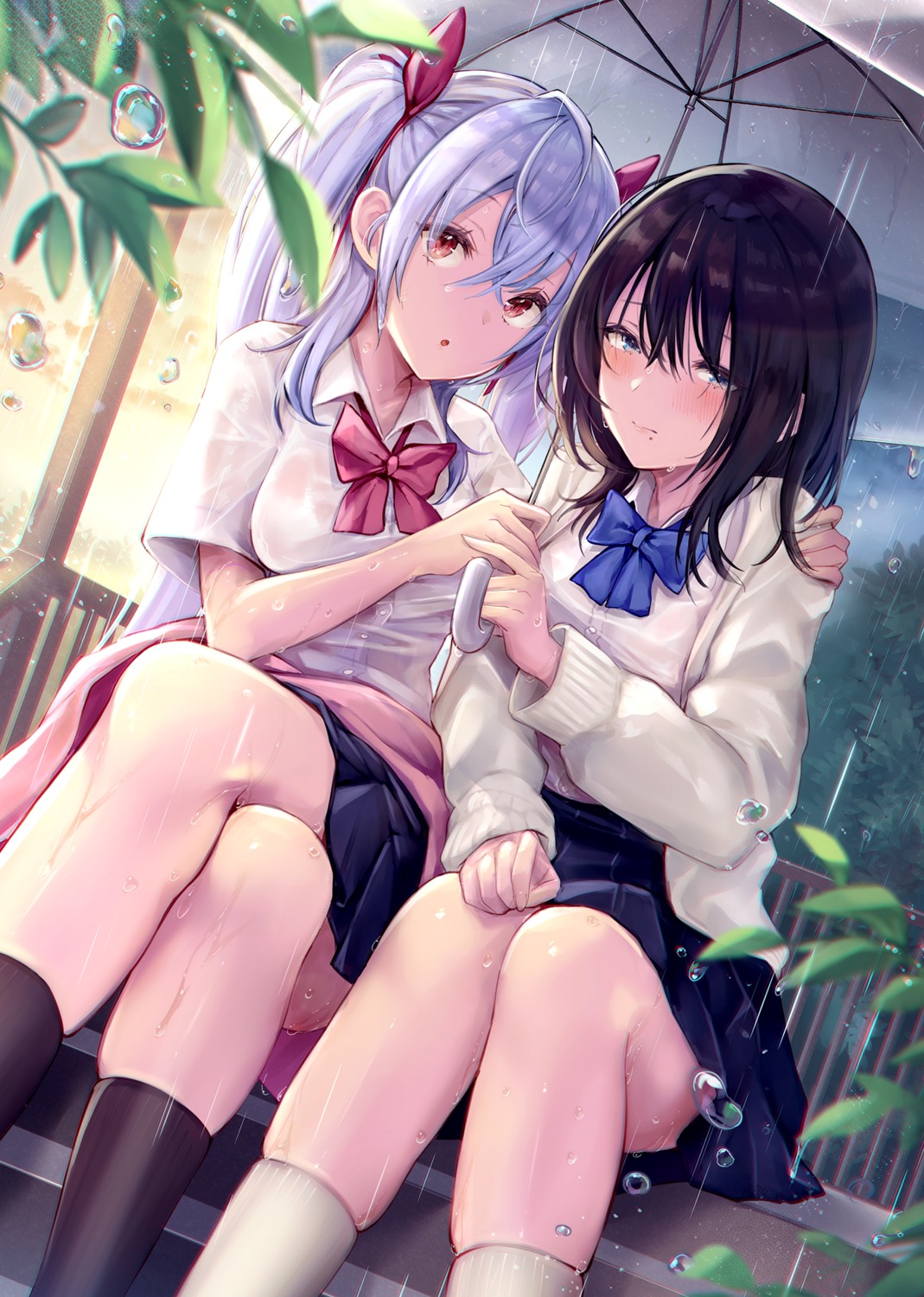 mappaninatta see_through seifuku skirt_lift sweater umbrella wet wet_clothes yuri