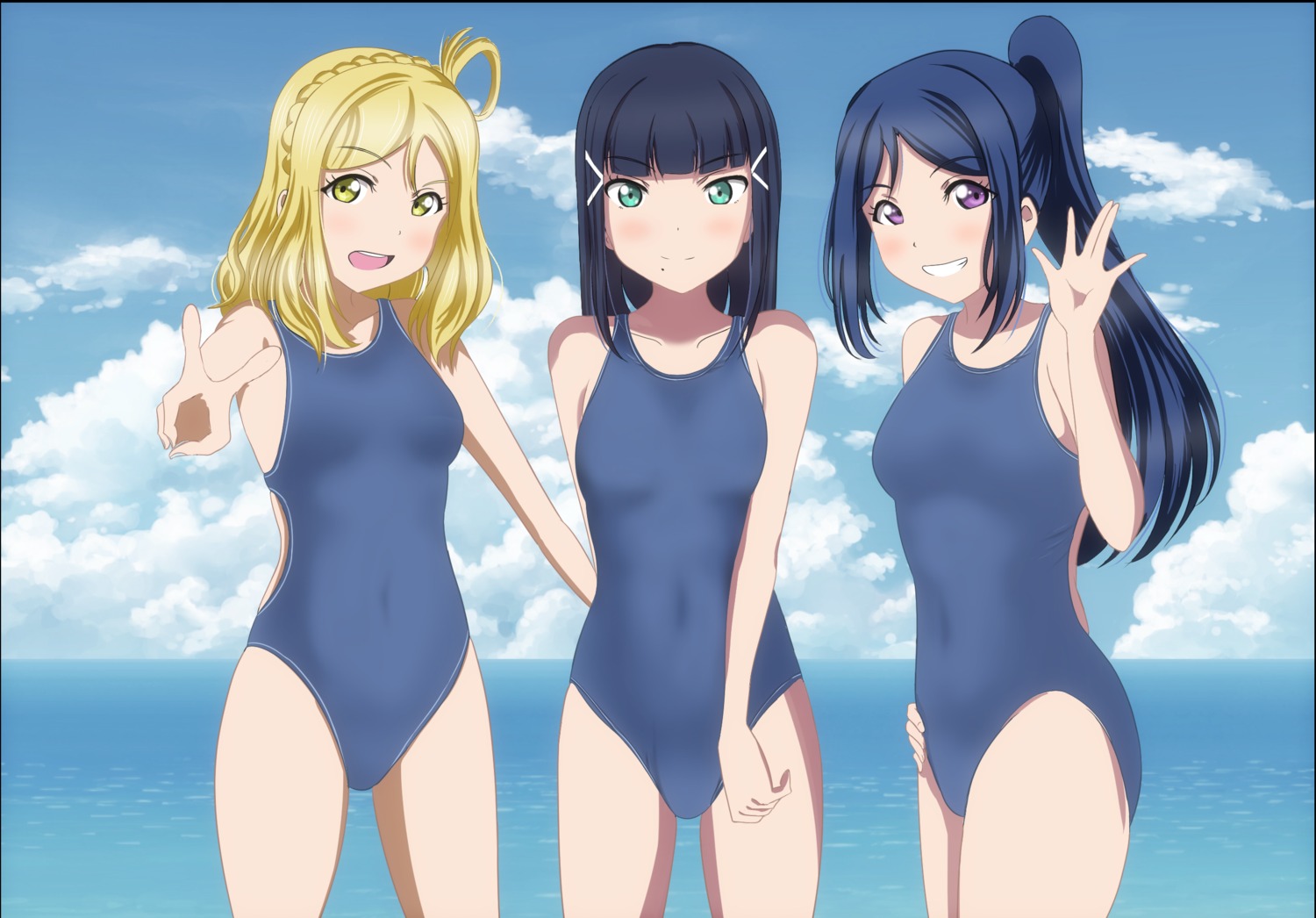 kurosawa_dia love_live!_sunshine!! matsuura_kanan ohara_mari swimsuits takamashi