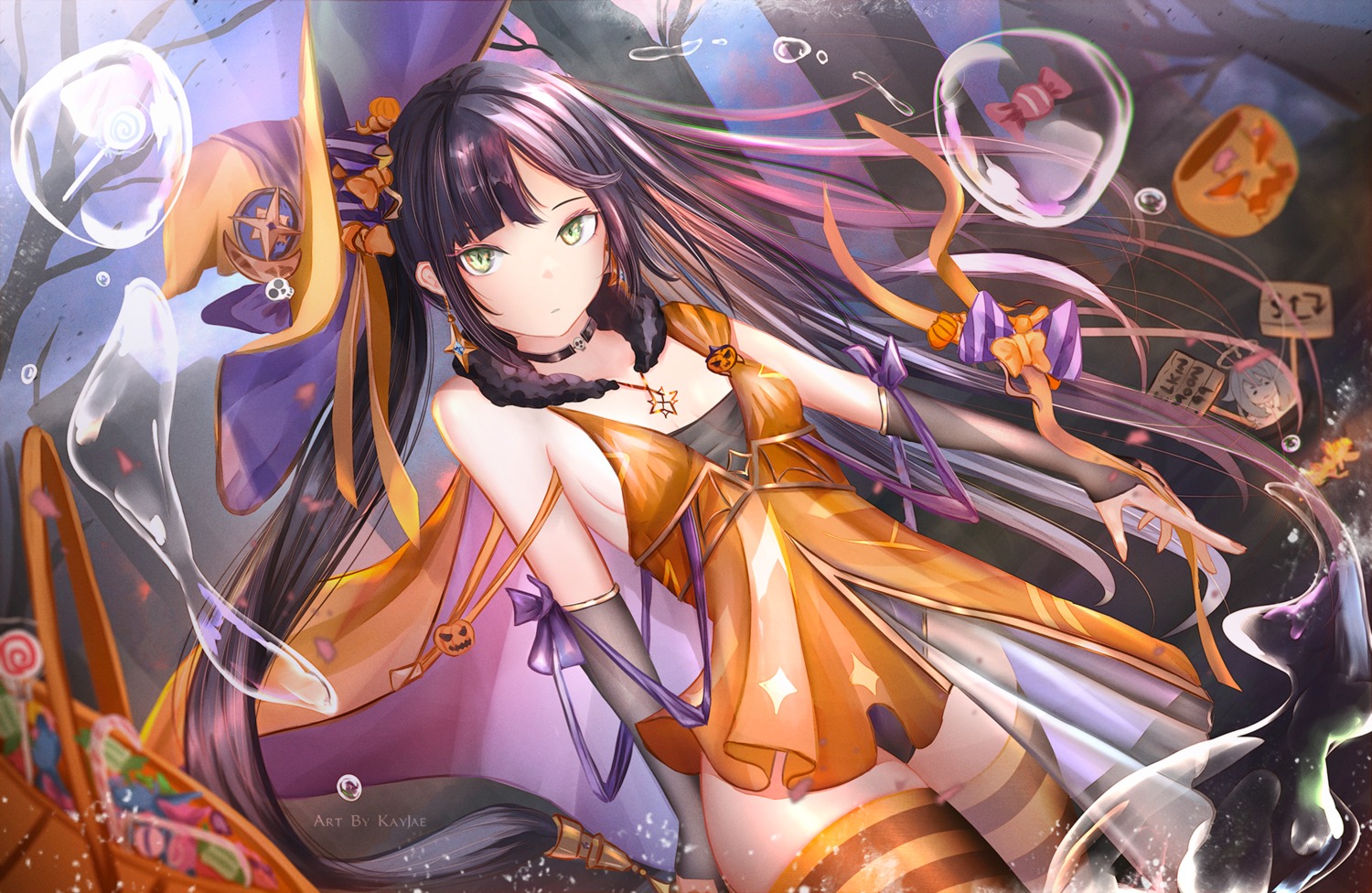 dress genshin_impact halloween kayjae leotard mona_megistus no_bra see_through thighhighs witch