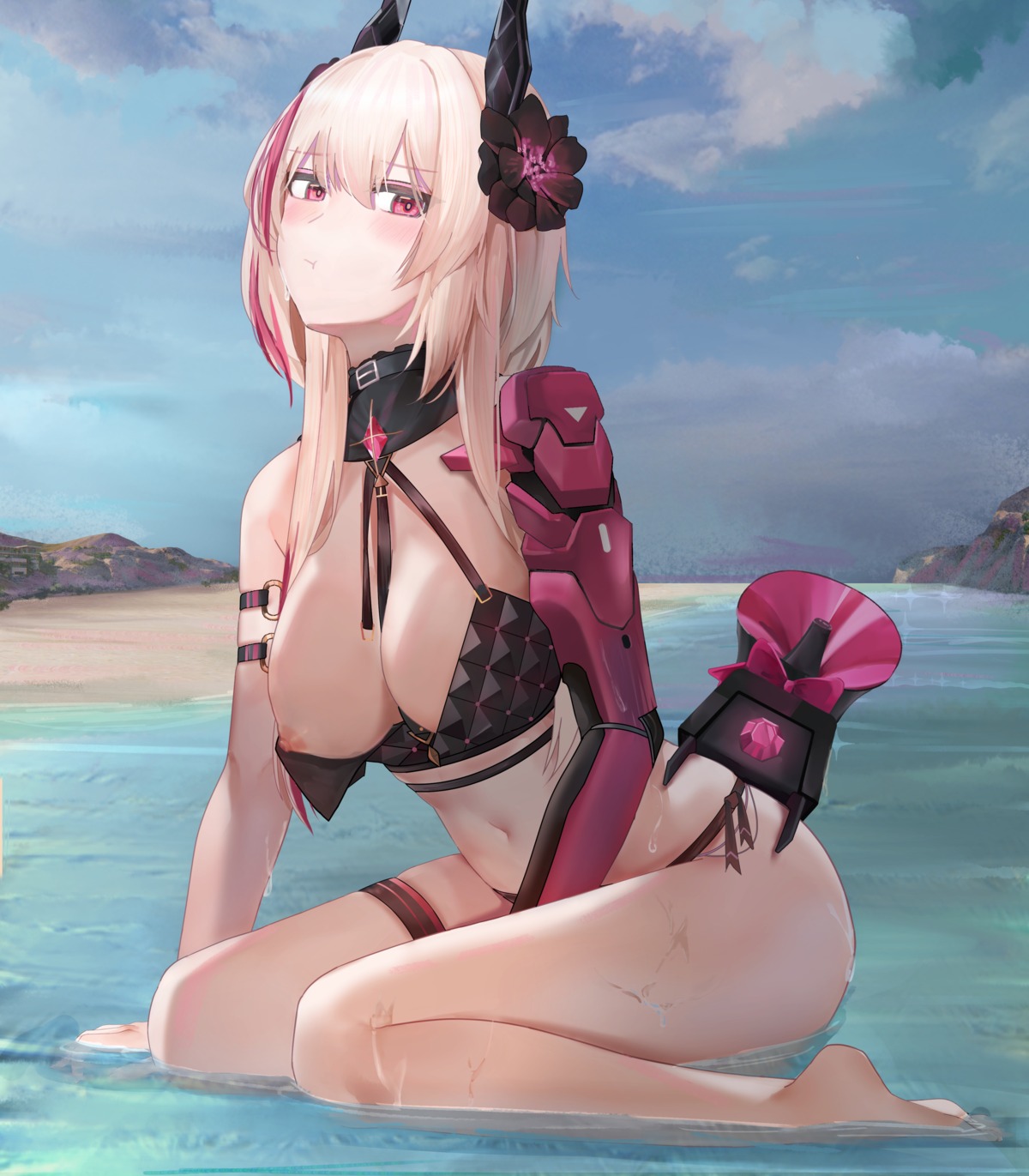 bikini breasts garter girls_frontline horns m4_sopmod_ii_(girls_frontline) nipples ru_zhai swimsuits wet