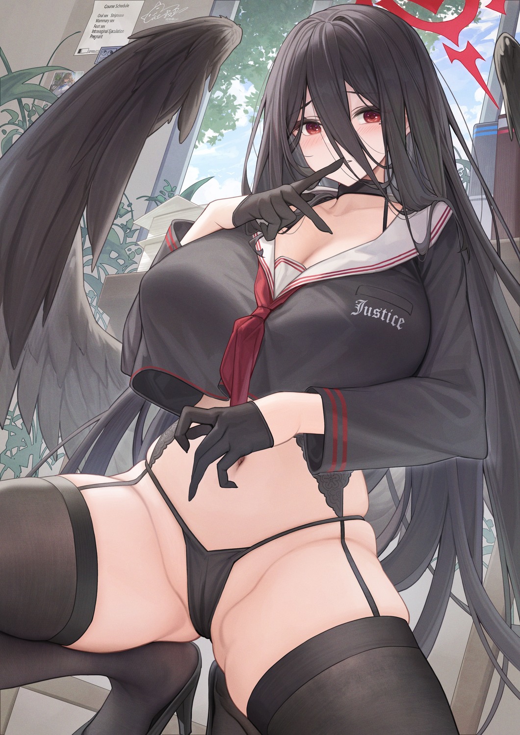 angel blue_archive garter_belt hanekawa_hasumi heels pantsu seifuku stockings thighhighs thong wings youxuemingdie