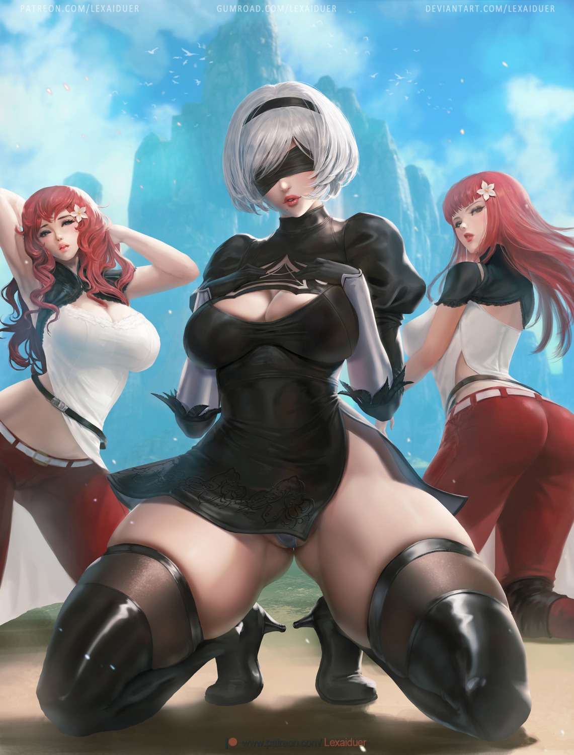 ass cleavage devola dress heels lexaiduer nier_automata pantsu popola skirt_lift thighhighs yorha_no.2_type_b