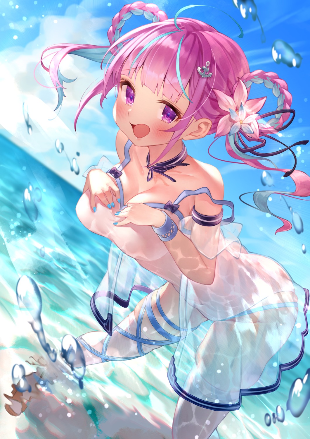 breast_hold hololive minato_aqua open_shirt rin31153336 see_through swimsuits thighhighs wet