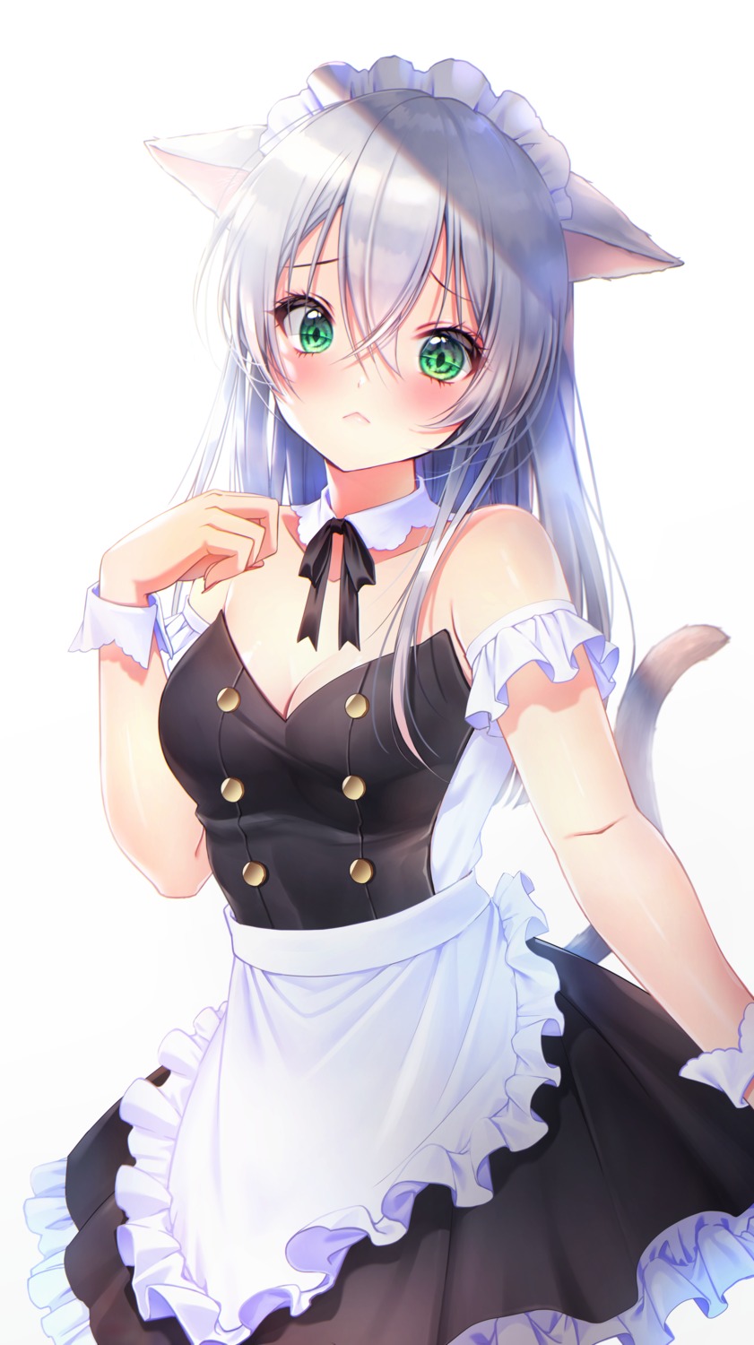 animal_ears cleavage maid nekomimi no_bra tail yoruhoshi_owl