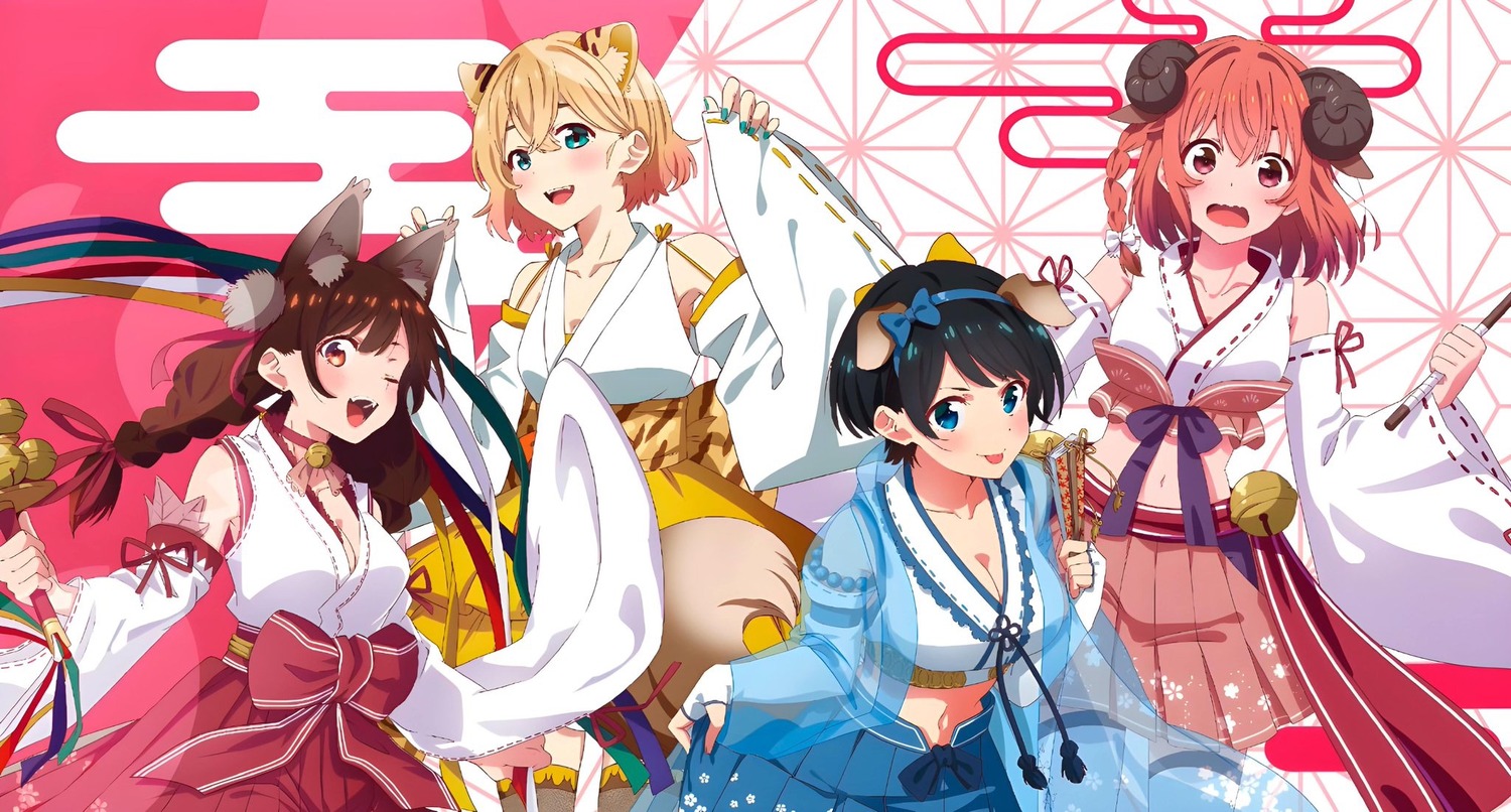 animal_ears cleavage horns inumimi japanese_clothes kanojo_okarishimasu kitsune miko mizuhara_chizuru nanami_mami nekomimi sakurasawa_sumi sarashina_ruka see_through tagme