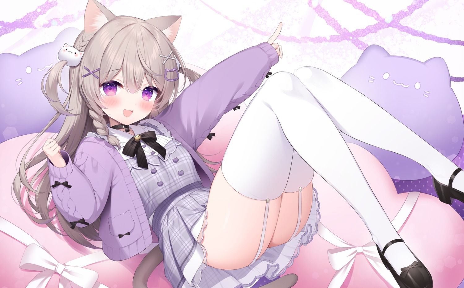 animal_ears hisagi_(puchimaple) nekomimi skirt_lift stockings sweater tail thighhighs