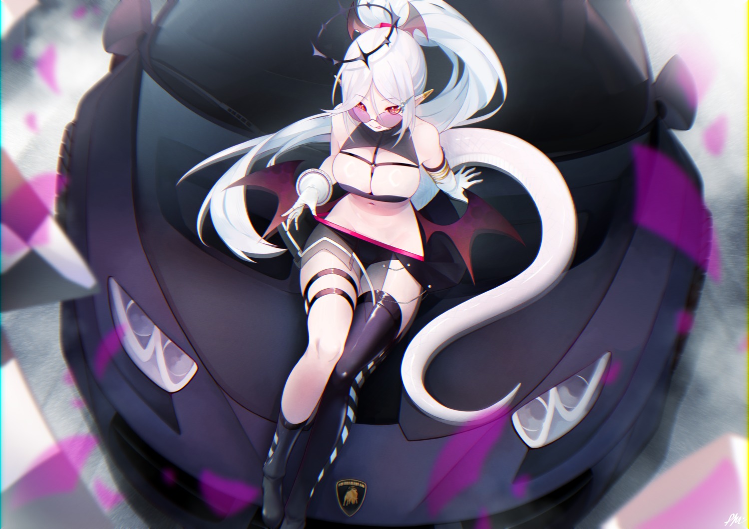 deltapluto devil garter megane no_bra pointy_ears see_through tail thighhighs wings