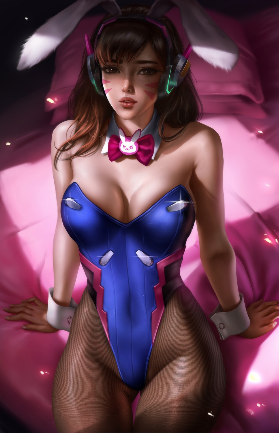 animal_ears bunny_ears bunny_girl cleavage d.va headphones logan_cure no_bra overwatch pantyhose