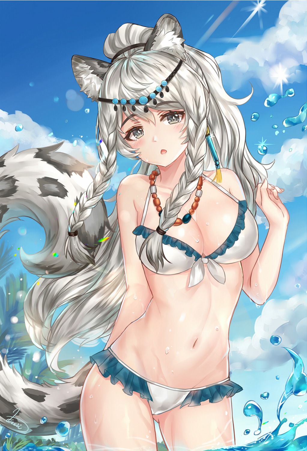 animal_ears arknights bikini pramanix_(arknights) swimsuits tail wet xiao_lan_zhai_jun