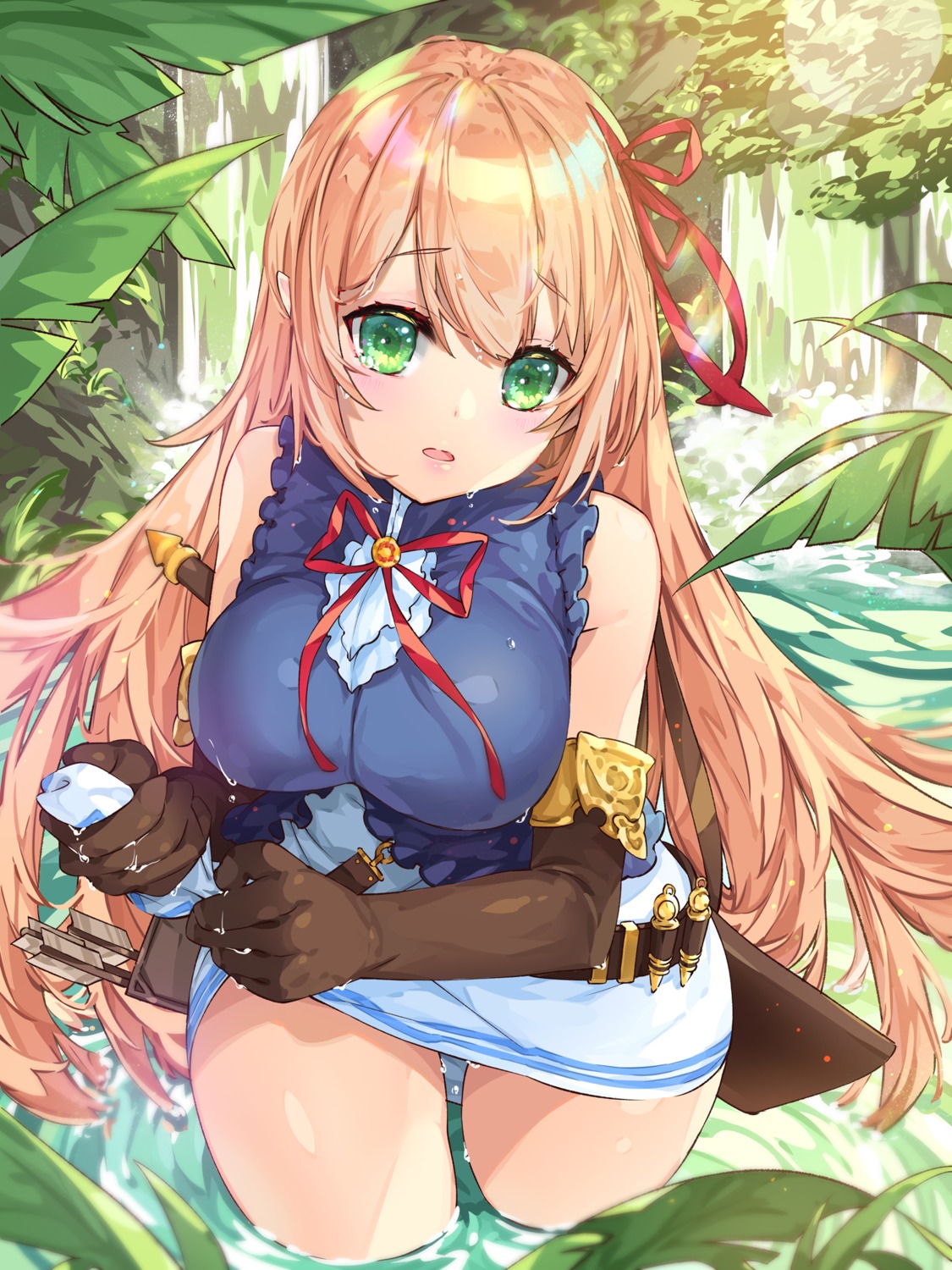 arisa_(shadowverse) pointy_ears princess_connect princess_connect!_re:dive shadowverse skirt_lift waterring wet wet_clothes