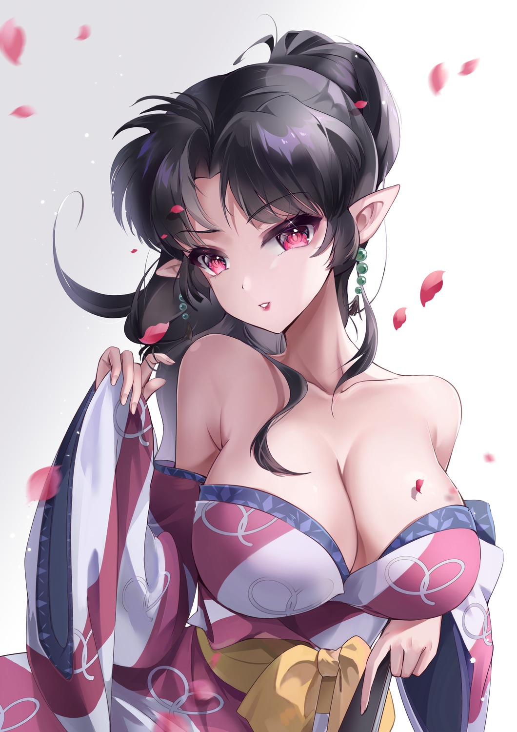 fangwan inuyasha kagura_(inuyasha) no_bra open_shirt pointy_ears yukata