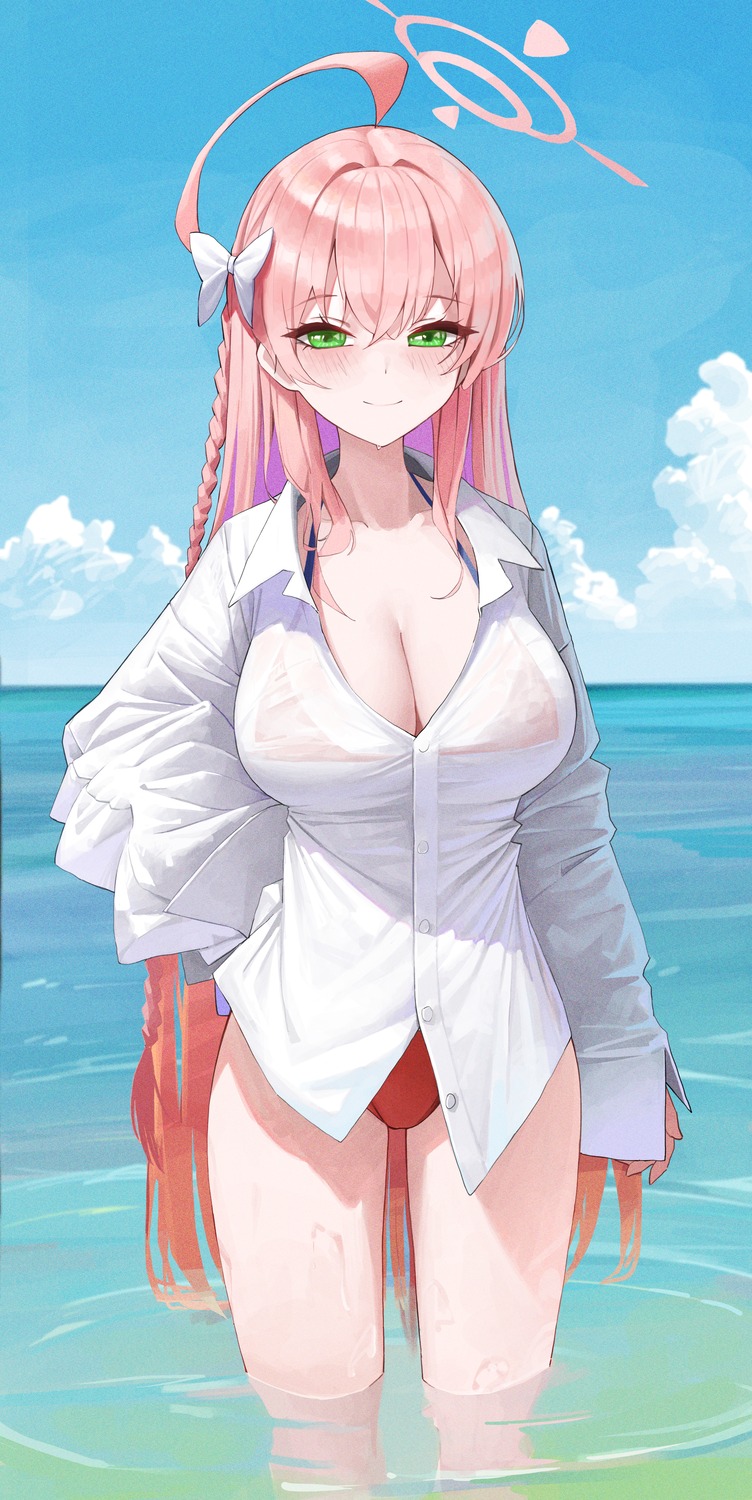 bikini blue_archive dress_shirt halo hwan_(verypoor) open_shirt see_through swimsuits urawa_hanako wet