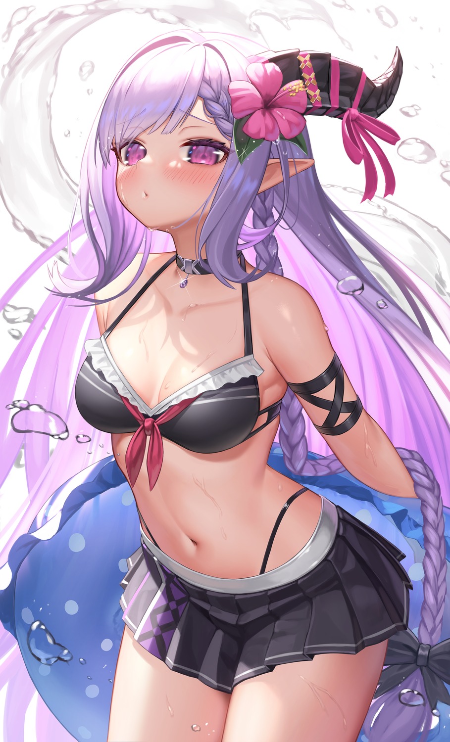 bikini cleavage horns pointy_ears seifuku suraimu_(suraimuraimu) swimsuits wet