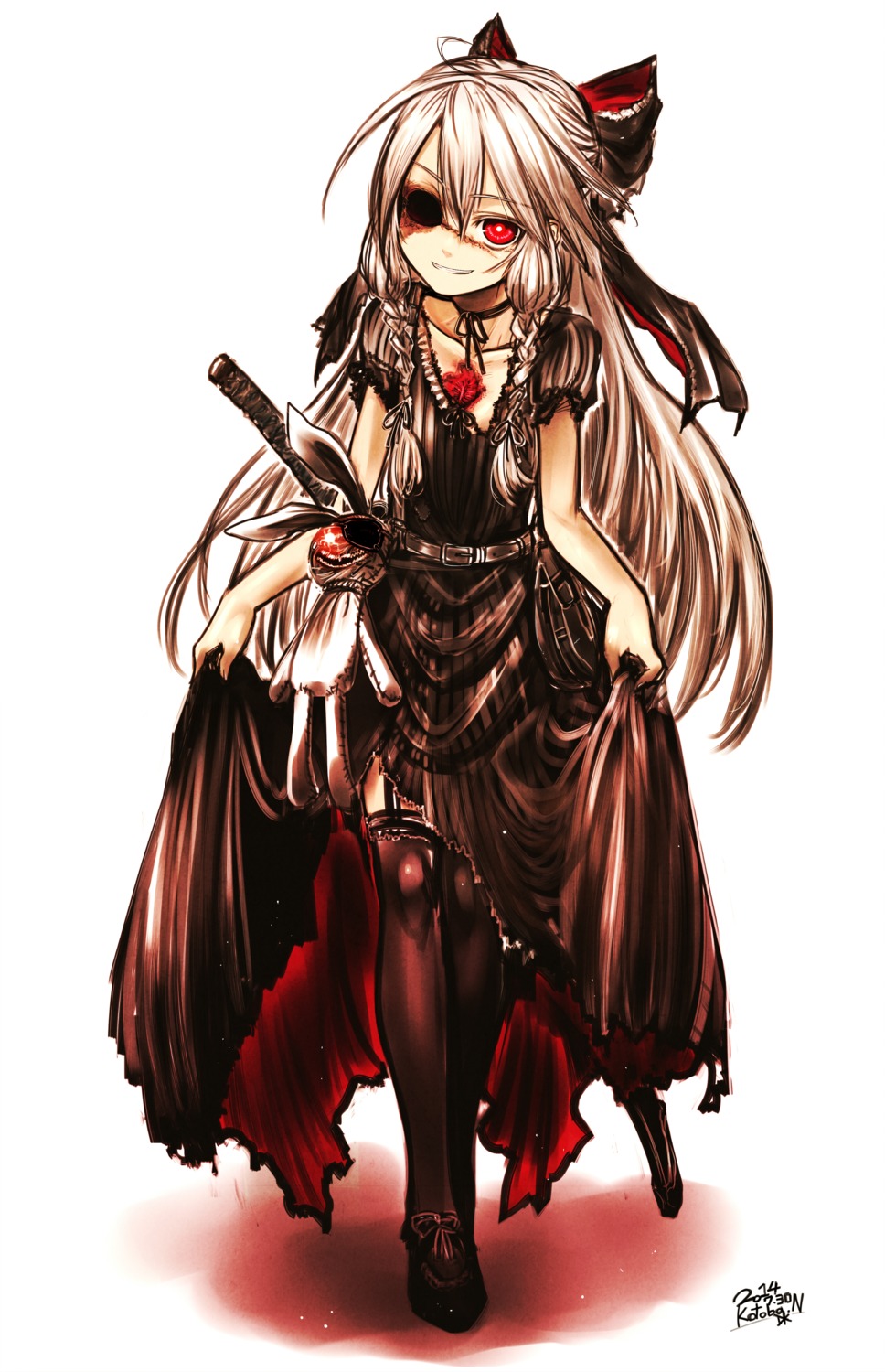 dress gothic_lolita hatamoto_(kotoba) hinomaru_(kotoba) kotoba_noriaki lolita_fashion skirt_lift stockings sword thighhighs