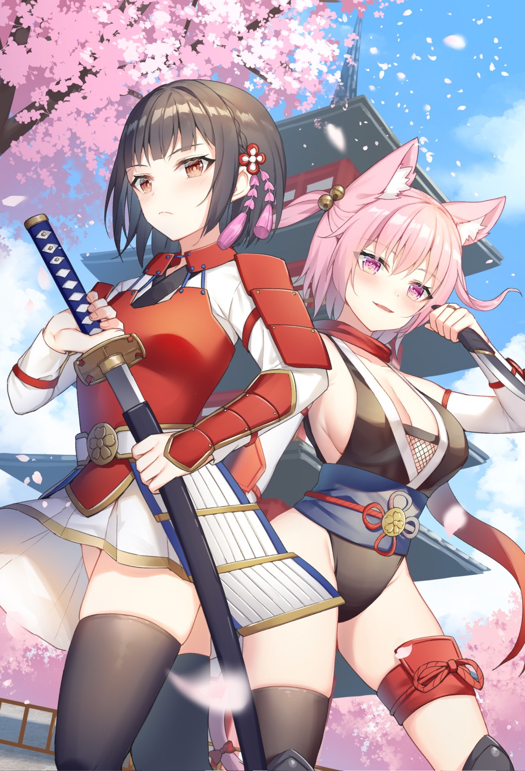 alexmaster animal_ears armor fishnets garter japanese_clothes leotard nekomimi no_bra skirt_lift sword tail thighhighs weapon