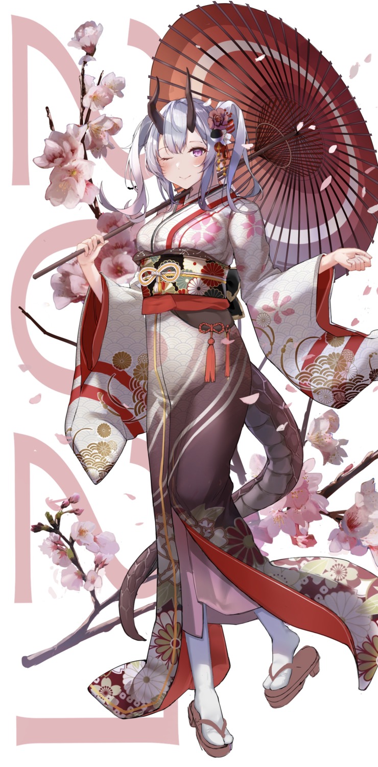 horns kimono shiranui_(nisioisin_sinob) tail umbrella