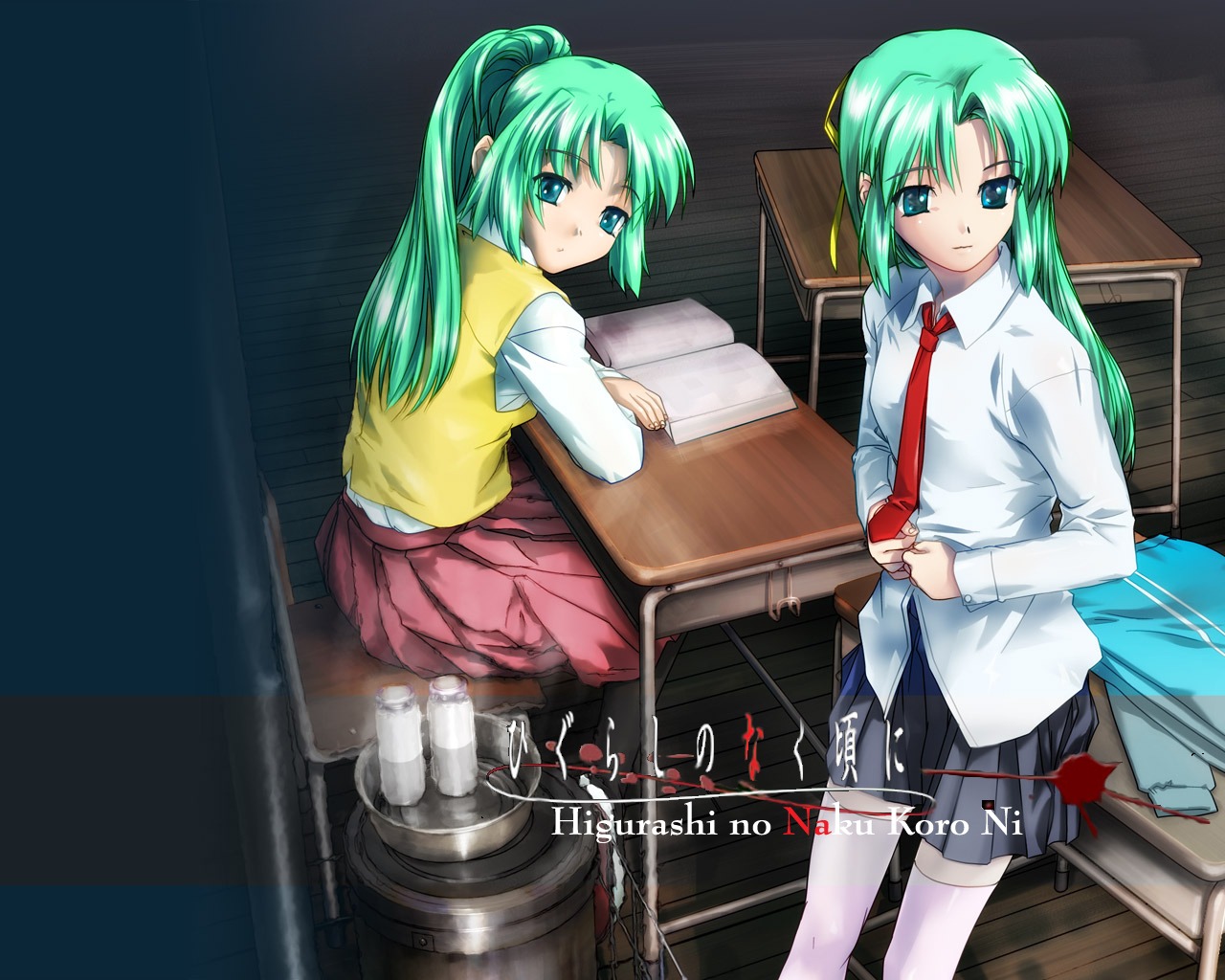 ashibe_ryou higurashi_no_naku_koro_ni seifuku sonozaki_mion sonozaki_shion wallpaper