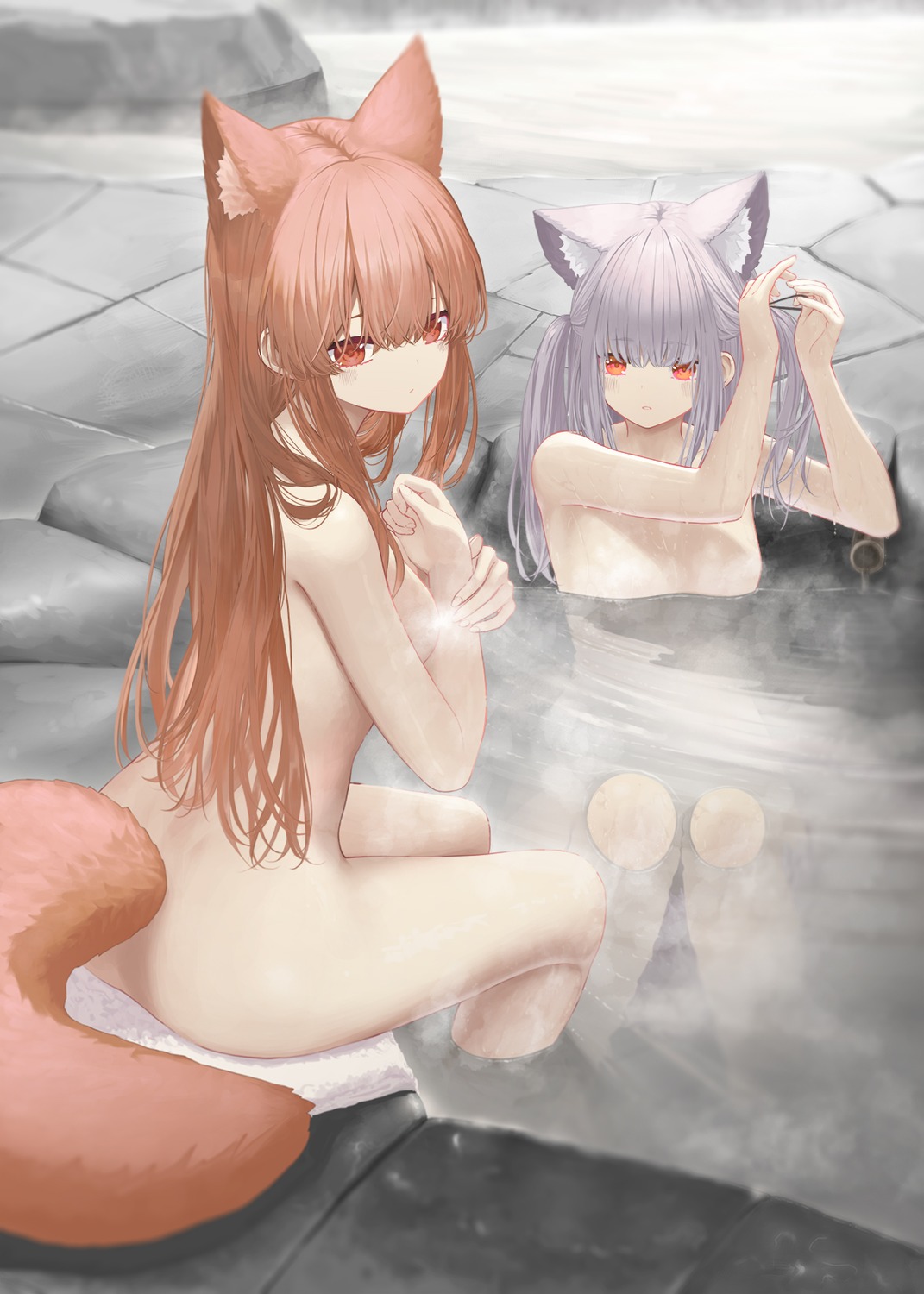 animal_ears bathing censored naked onsen tail yaoku