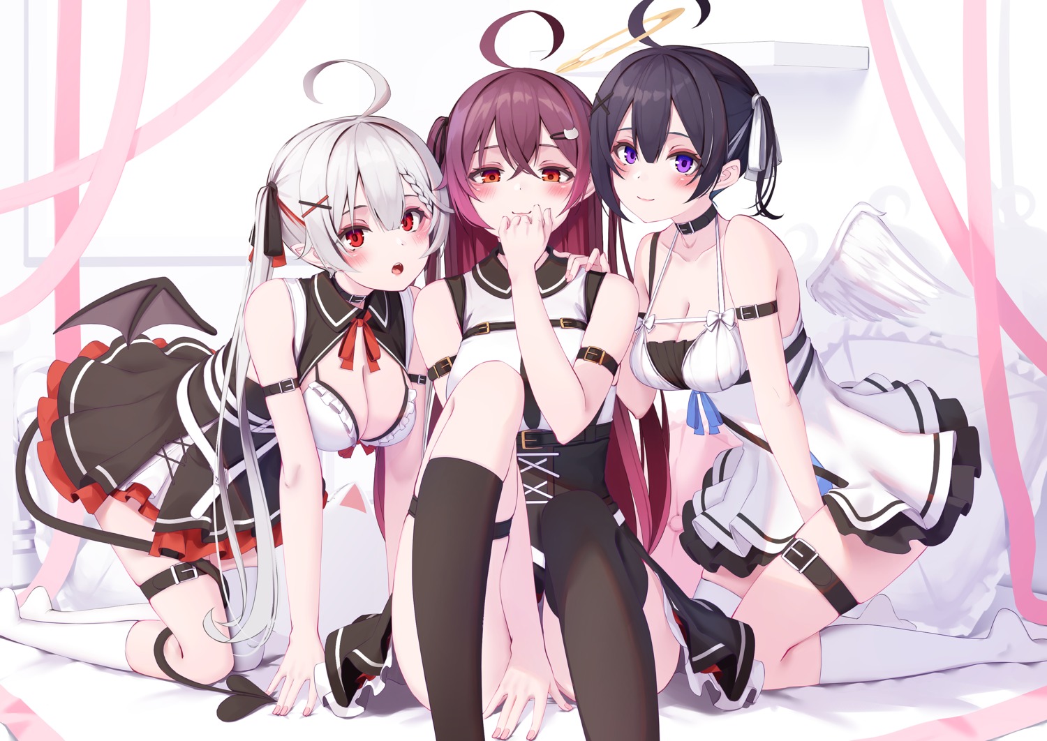 angel bra cleavage devil dress garter nyan_(reinyan_007) pointy_ears skirt_lift tail thighhighs wings