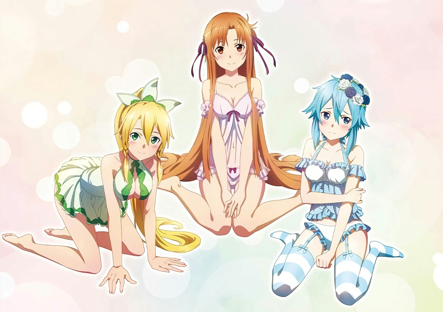 asuna_(sword_art_online) cleavage elf leafa no_bra pajama pantsu pointy_ears see_through sinon skirt_lift stockings sword_art_online sword_art_online_alicization sword_art_online_alicization_-_war_of_underworld tagme thighhighs