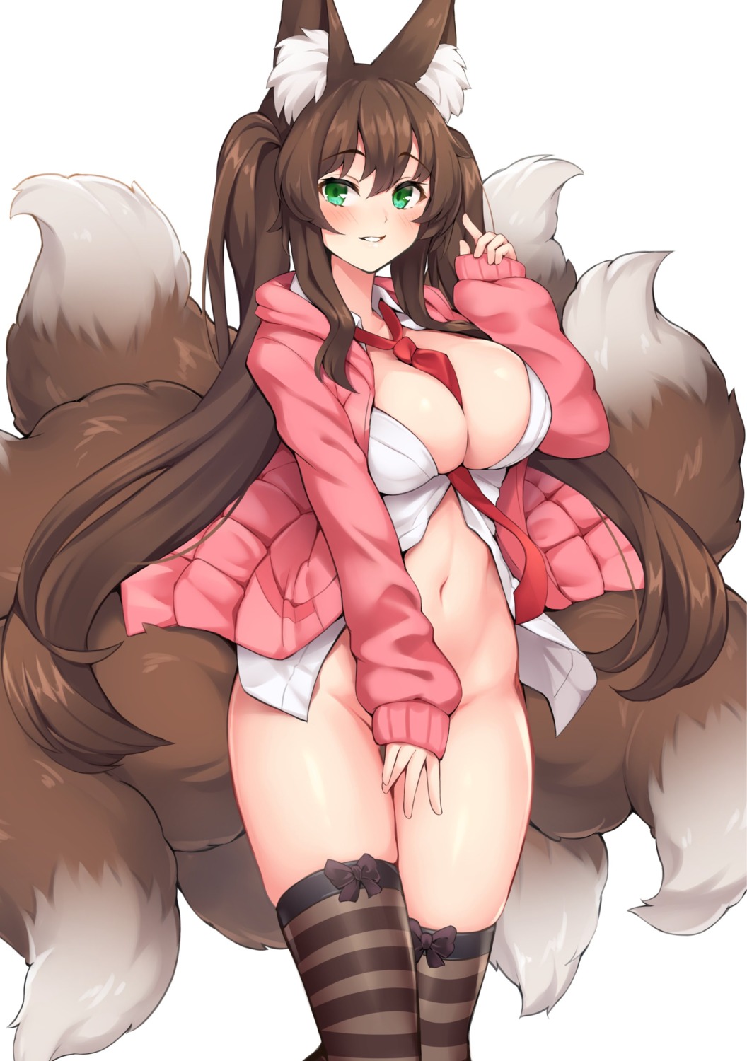 animal_ears bottomless hal_(h_lambda_l) kitsune no_bra open_shirt plushmallow seifuku sweater tail thighhighs