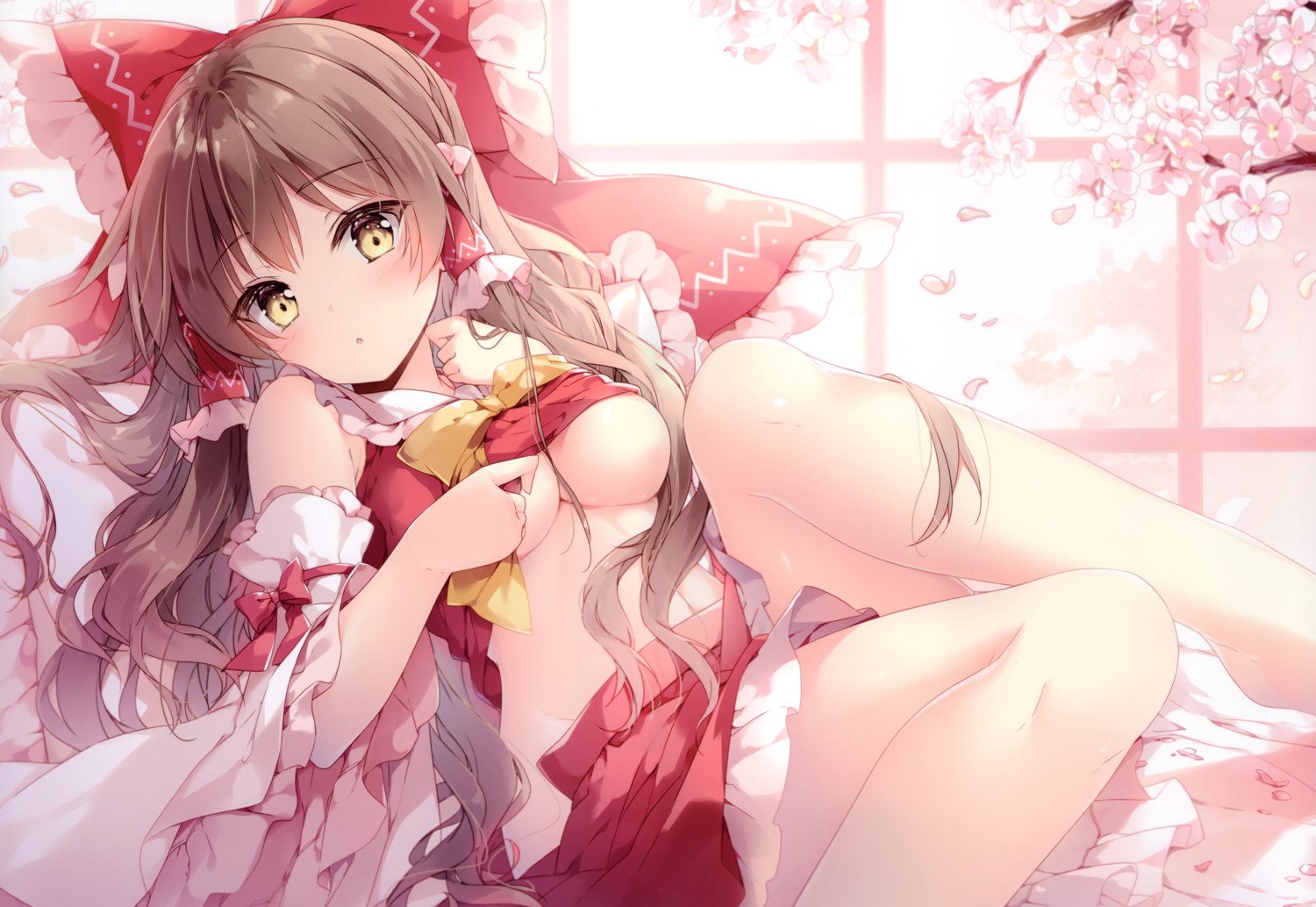 breasts hakurei_reimu haru_mochi miko mochizuki_shiina no_bra shirt_lift touhou undressing