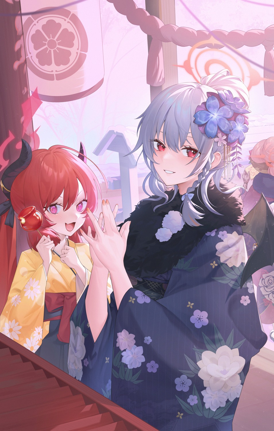 akashi_junko blue_archive devil halo horns japanese_clothes kimono kurodate_haruna pointy_ears shibasoda wings