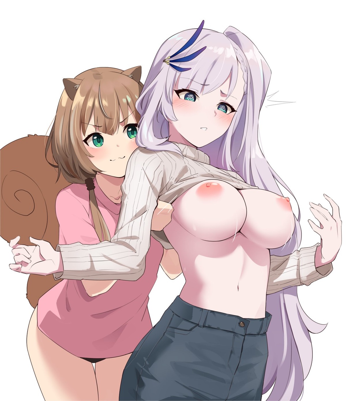 animal_ears ayunda_risu breasts hololive hololive_indonesia nipples no_bra pavolia_reine shirt_lift sweater tail undressing yuri yuyu5x