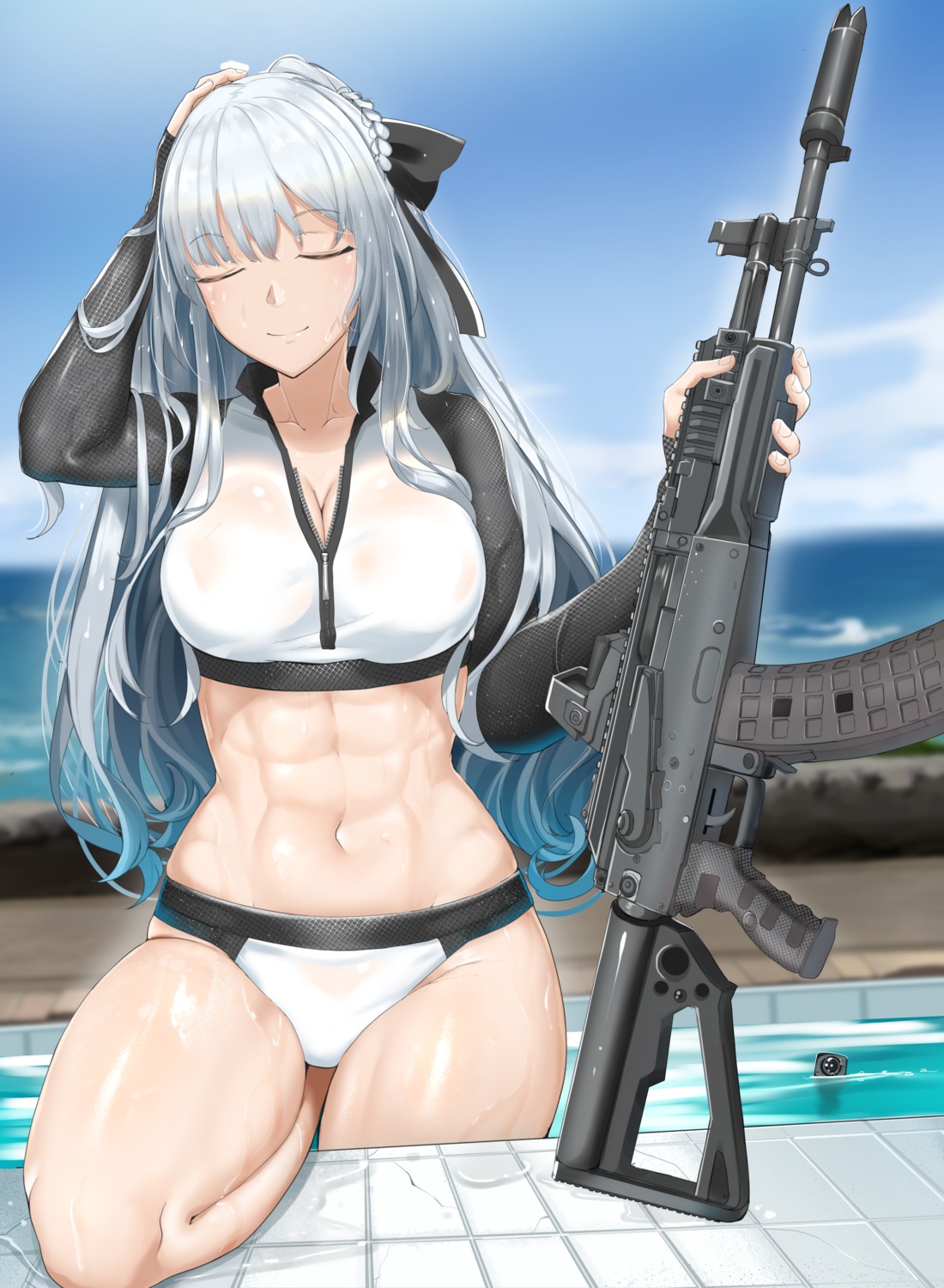 ak-12_(girls_frontline) chiyo_goya girls_frontline gun see_through swimsuits wet wet_clothes