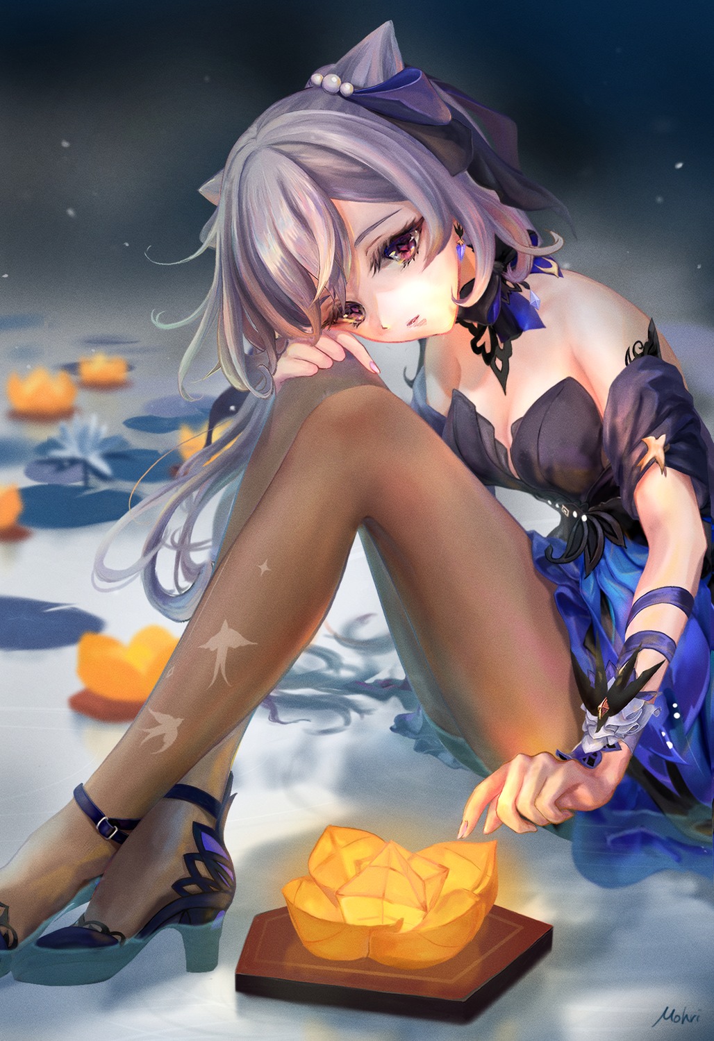 cleavage dress genshin_impact heels keqing mohri no_bra pantyhose wet