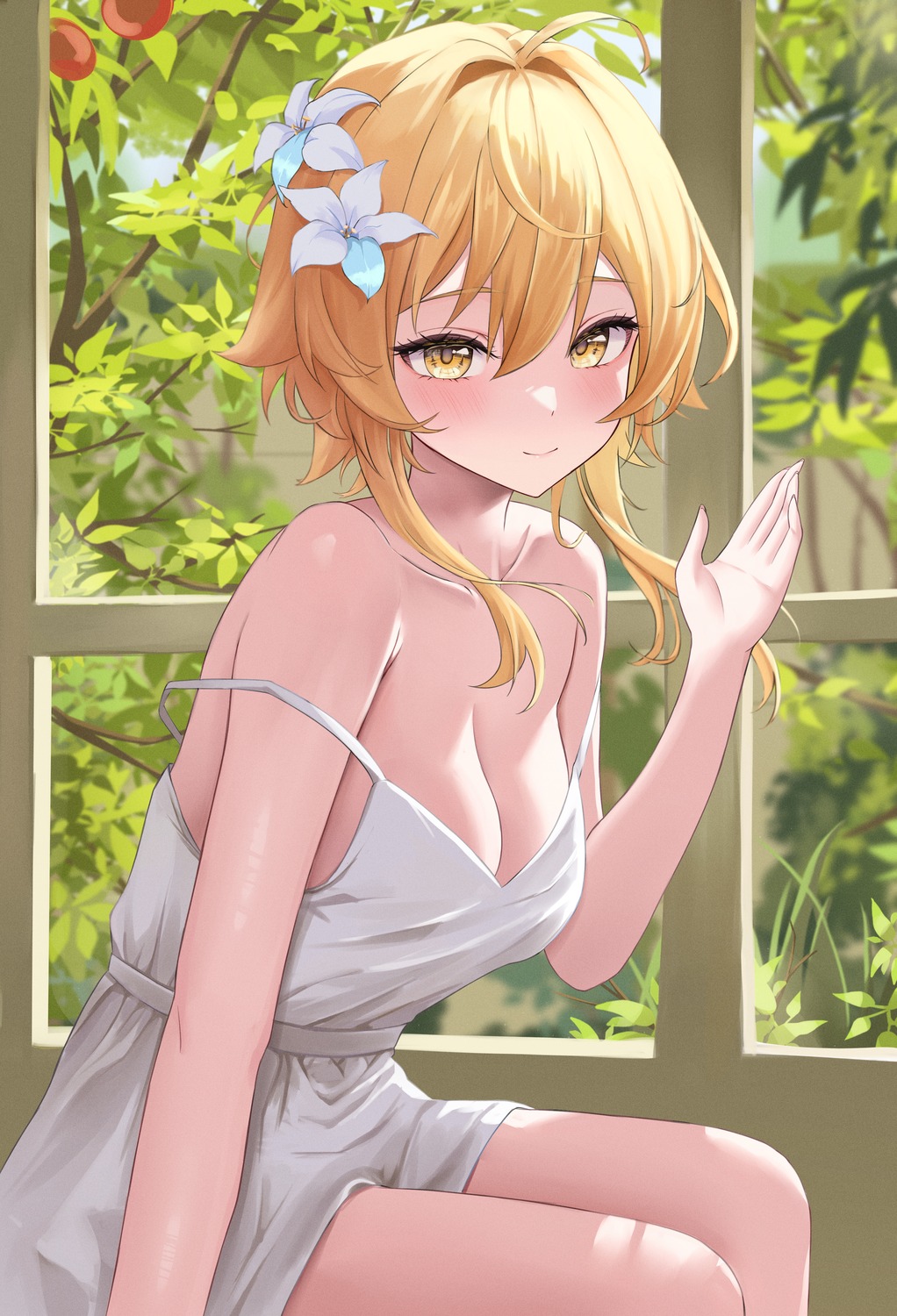 dress genshin_impact lumine no_bra summer_dress vivid_(vividusss)